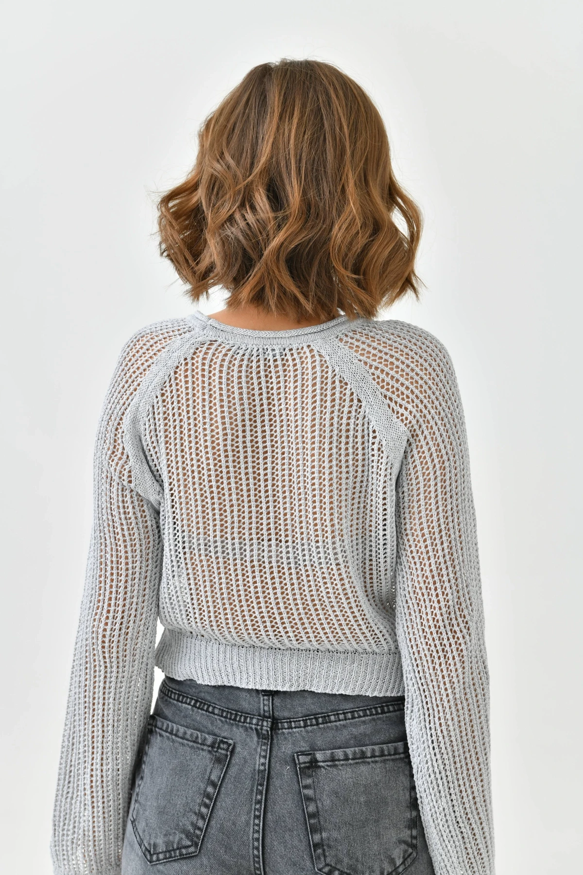 Kadın Bisiklet Yaka Örgü Detay Crop Triko Kazak