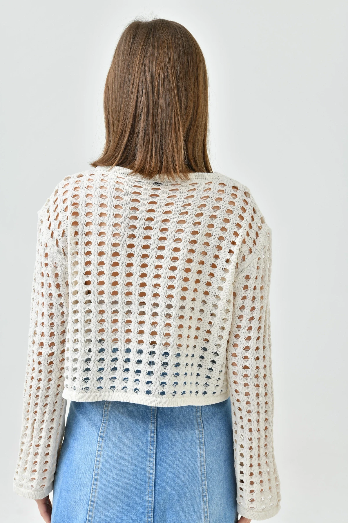 Kadın Bisiklet Yaka Örgü Detay Crop Triko Kazak