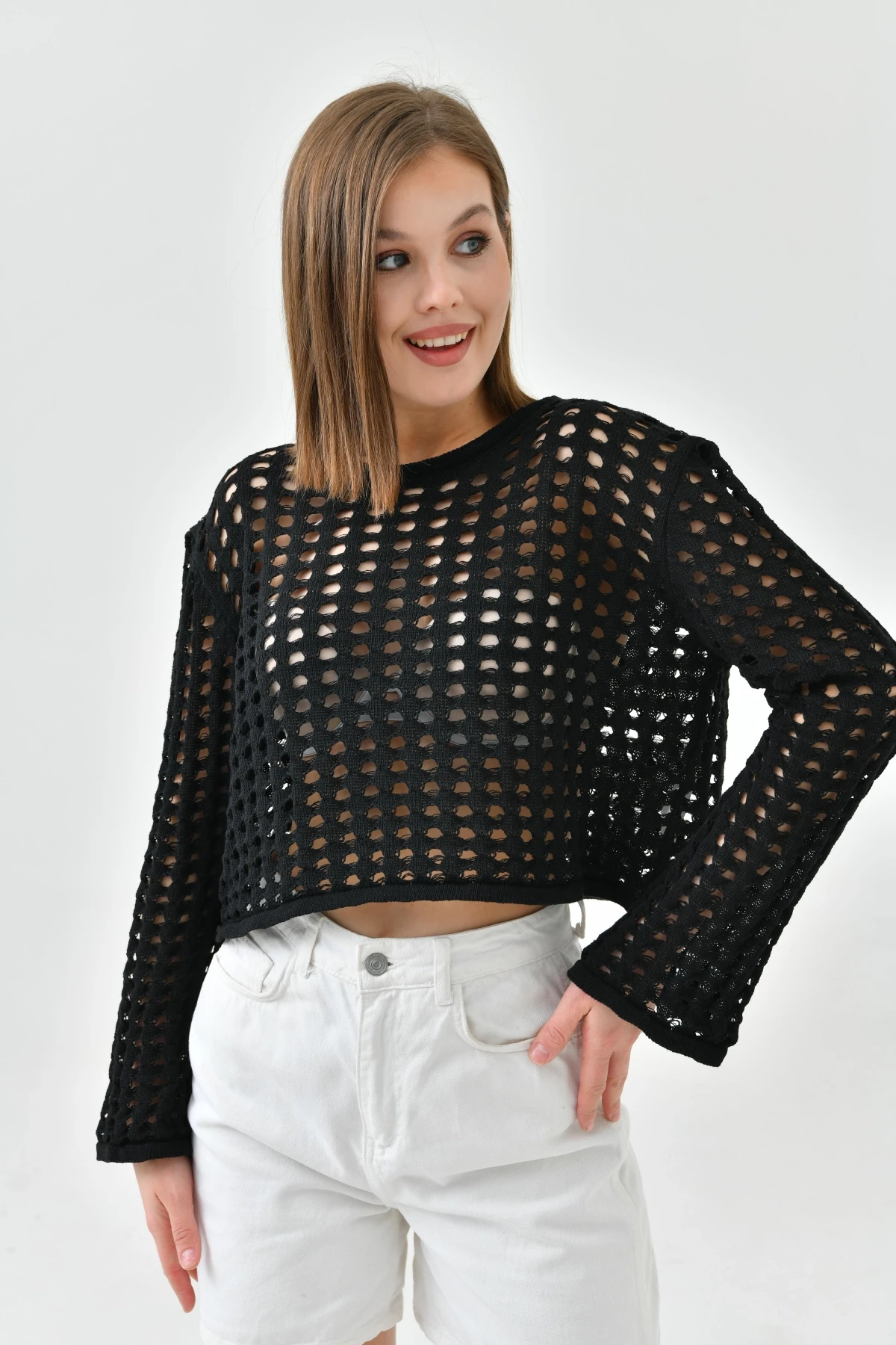 Kadın Bisiklet Yaka Örgü Detay Crop Triko Kazak