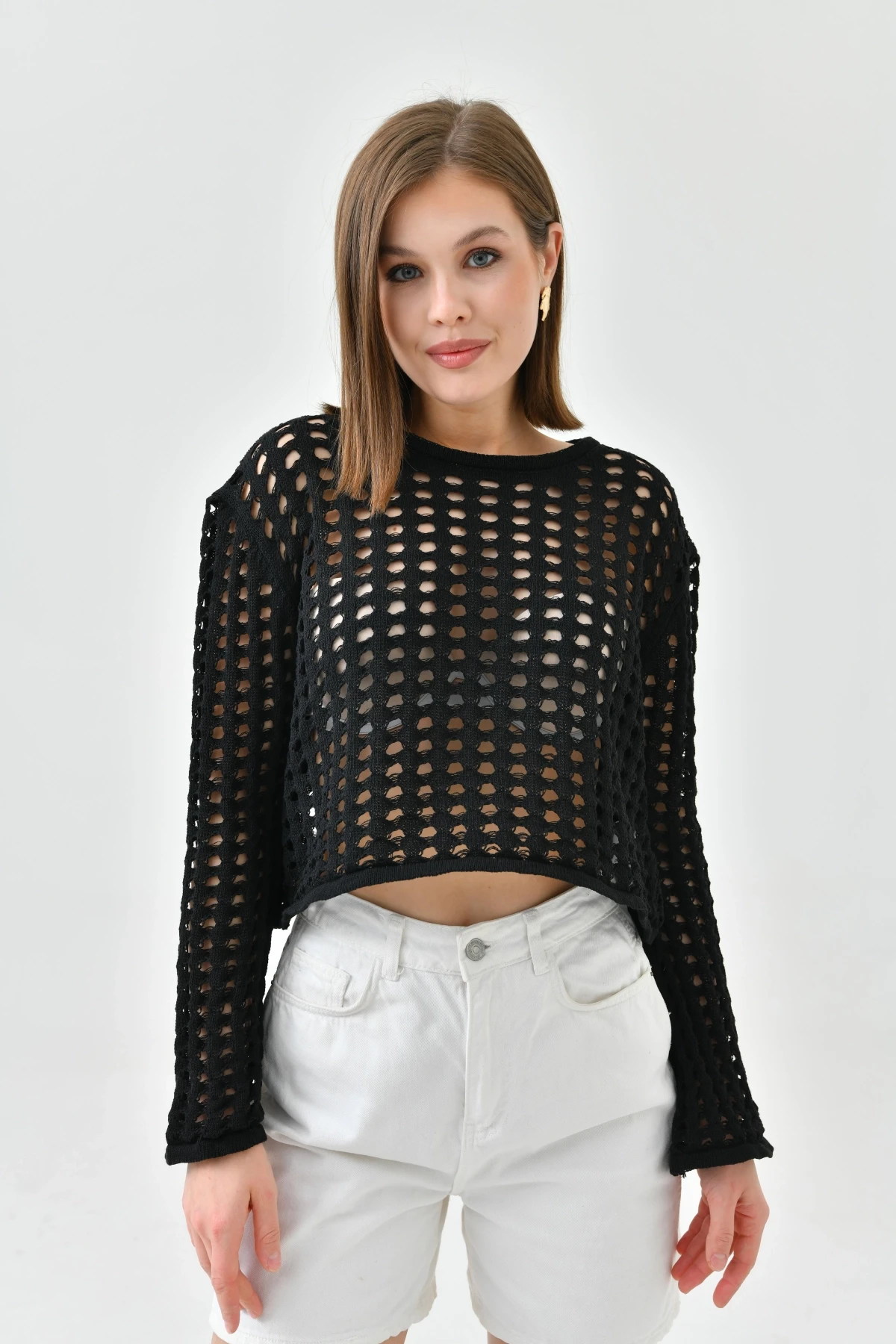 Kadın Bisiklet Yaka Örgü Detay Crop Triko Kazak