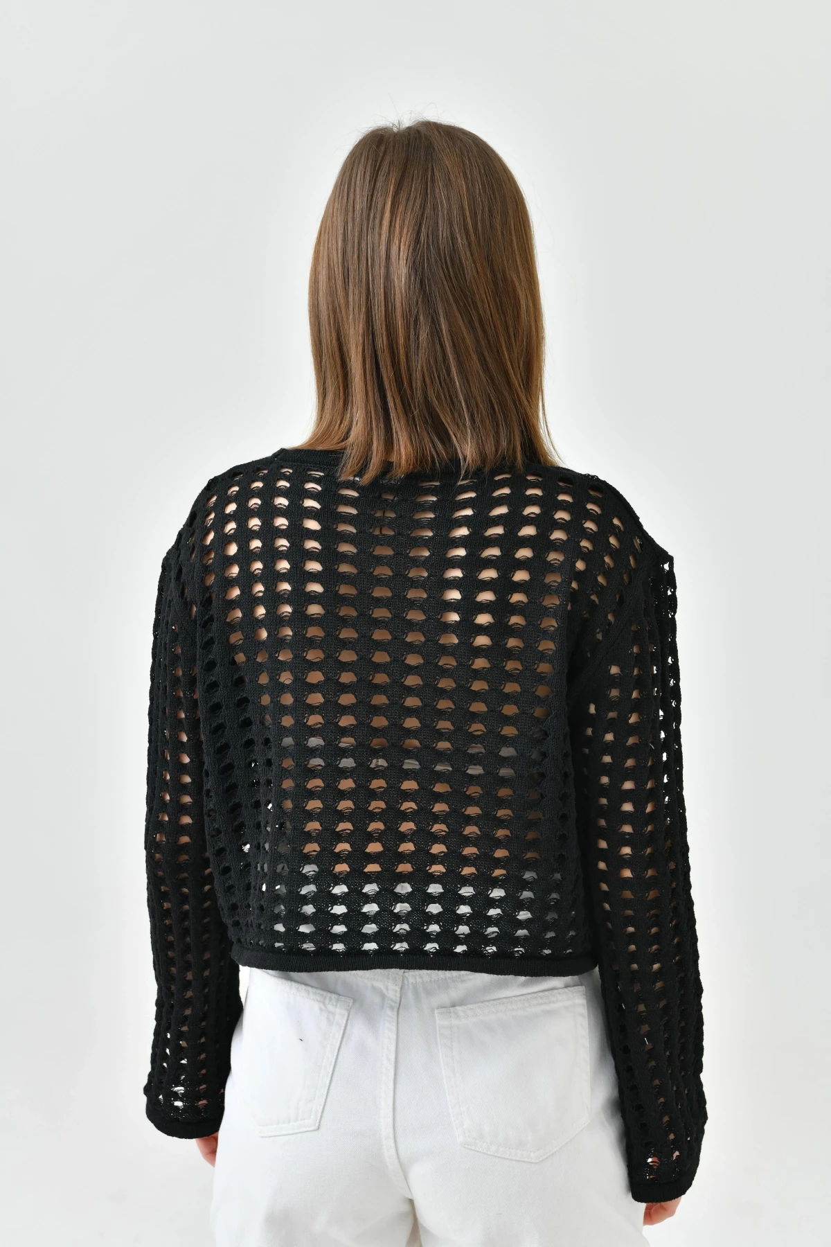 Kadın Bisiklet Yaka Örgü Detay Crop Triko Kazak