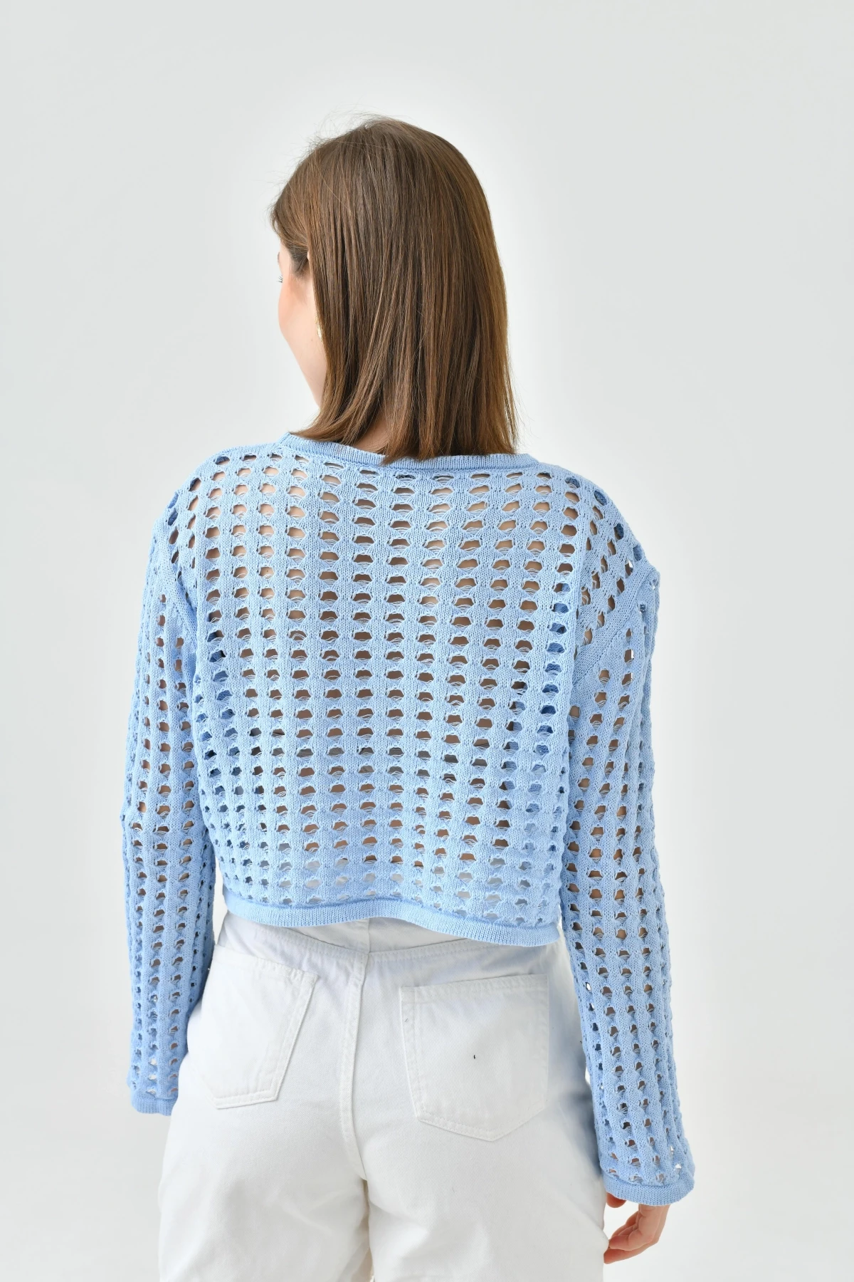 Kadın Bisiklet Yaka Örgü Detay Crop Triko Kazak