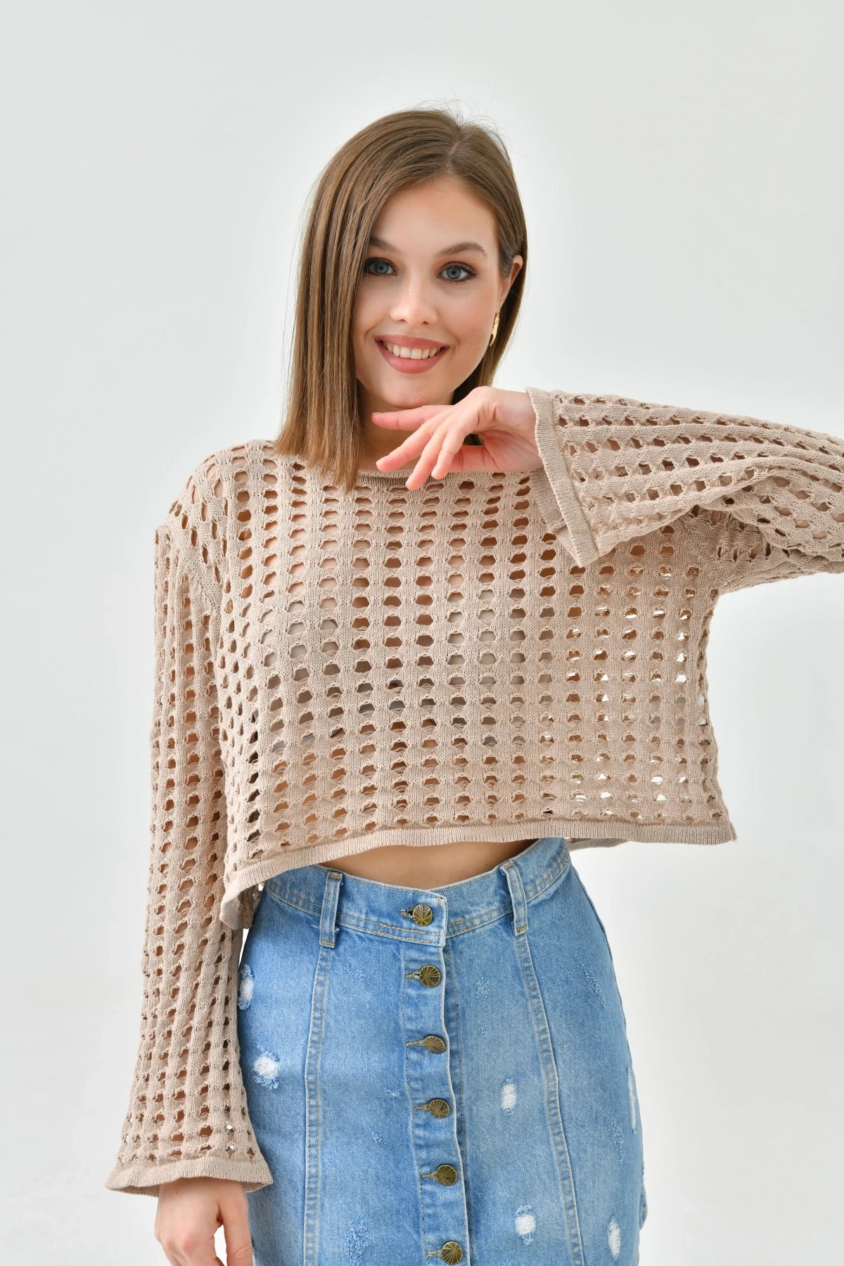 Kadın Bisiklet Yaka Örgü Detay Crop Triko Kazak