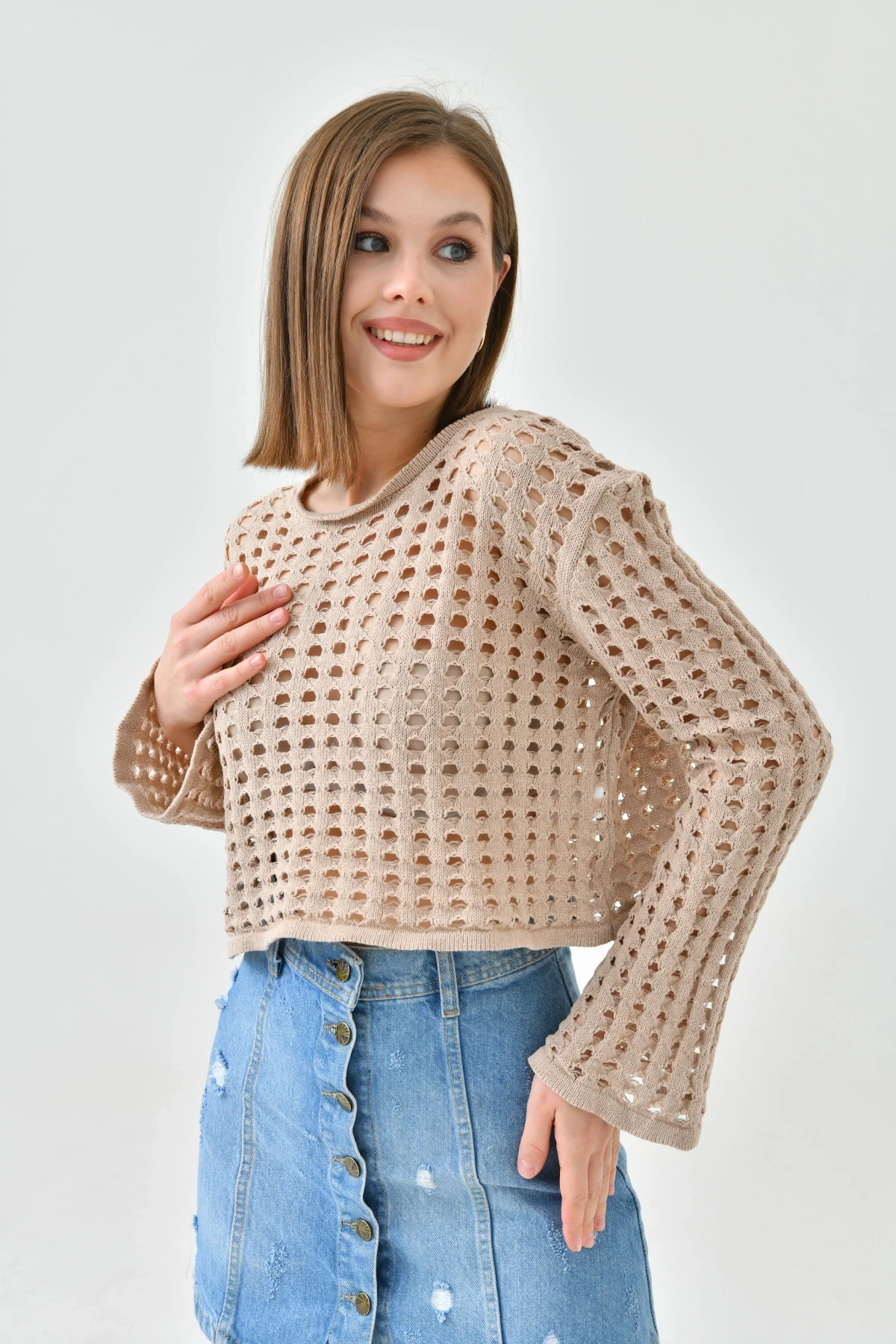 Kadın Bisiklet Yaka Örgü Detay Crop Triko Kazak