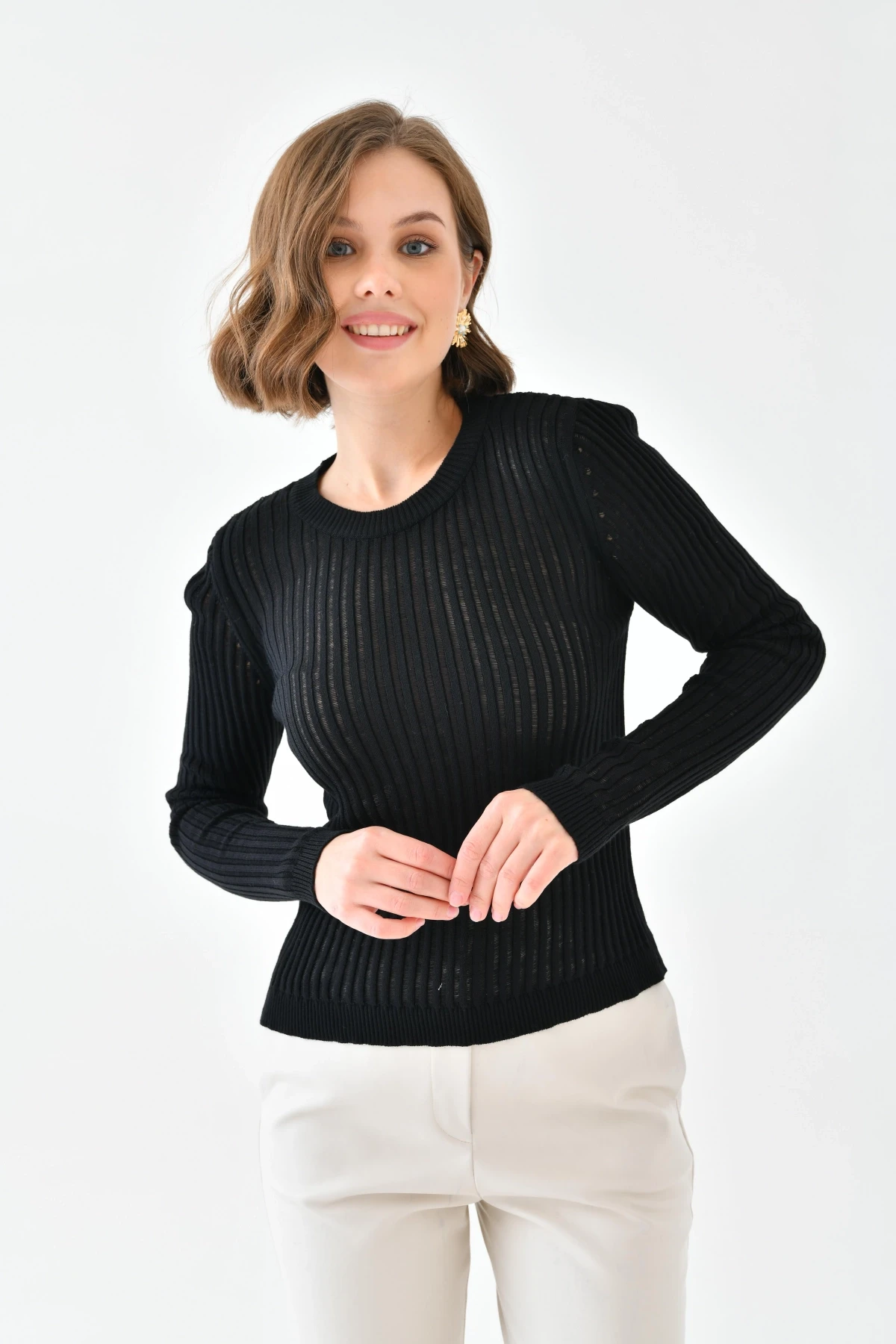 Kadın Bisiklet Yaka Örgü Detay Triko Kazak