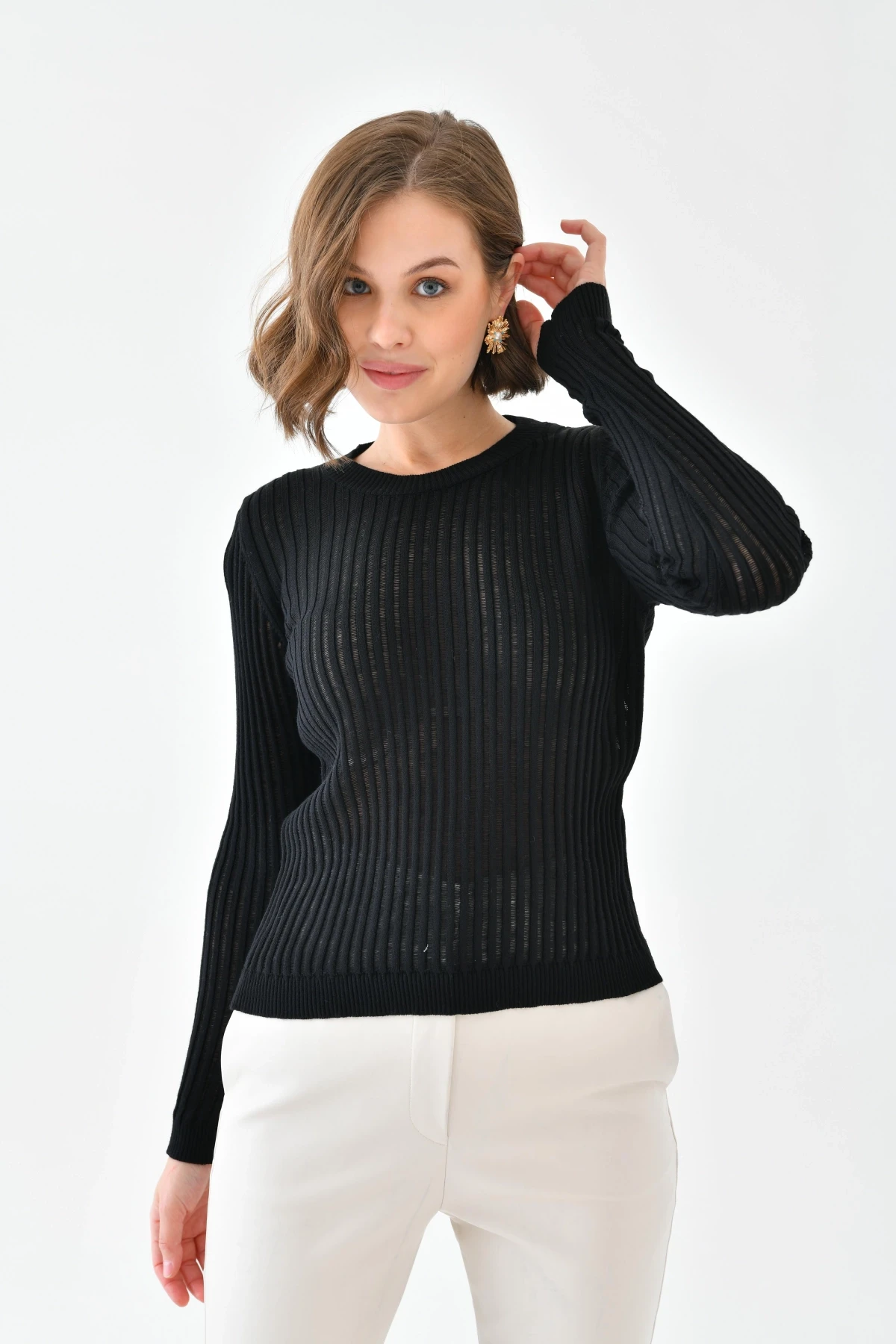 Kadın Bisiklet Yaka Örgü Detay Triko Kazak