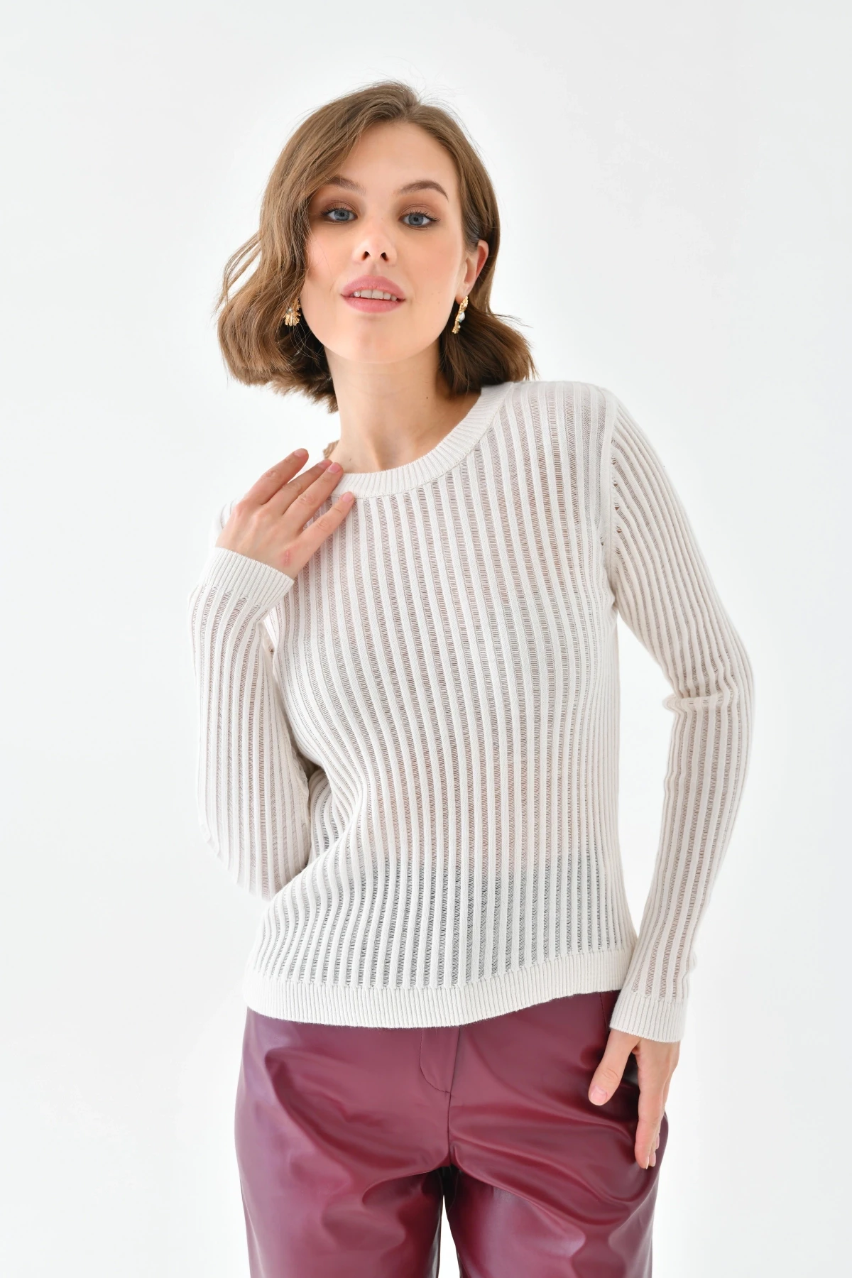 Kadın Bisiklet Yaka Örgü Detay Triko Kazak