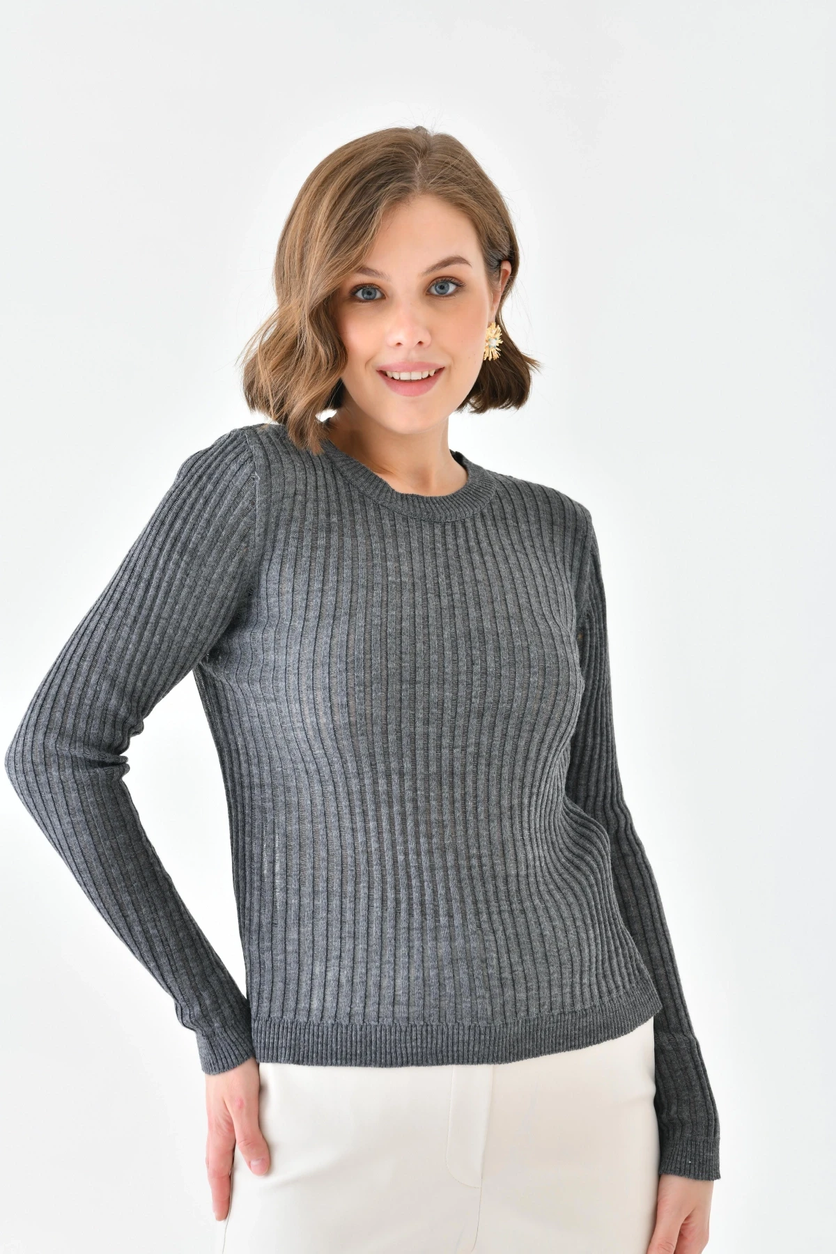 Kadın Bisiklet Yaka Örgü Detay Triko Kazak