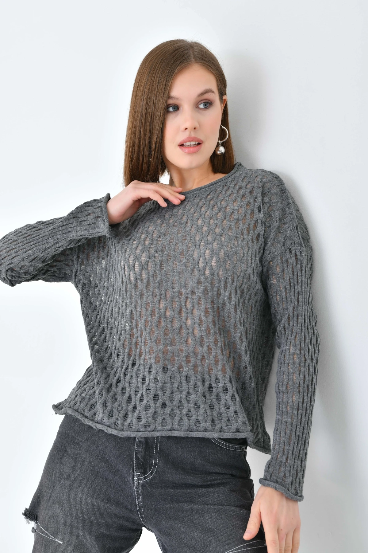 Kadın Bisiklet Yaka Örgü Detay Triko Kazak