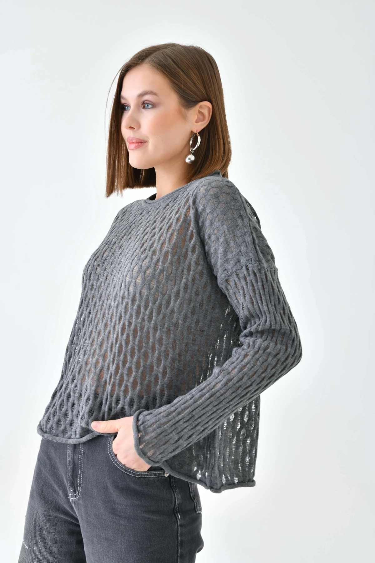 Kadın Bisiklet Yaka Örgü Detay Triko Kazak