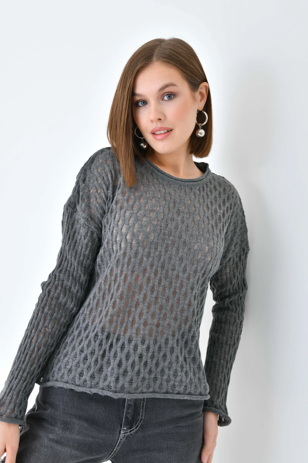 Kadın Bisiklet Yaka Örgü Detay Triko Kazak