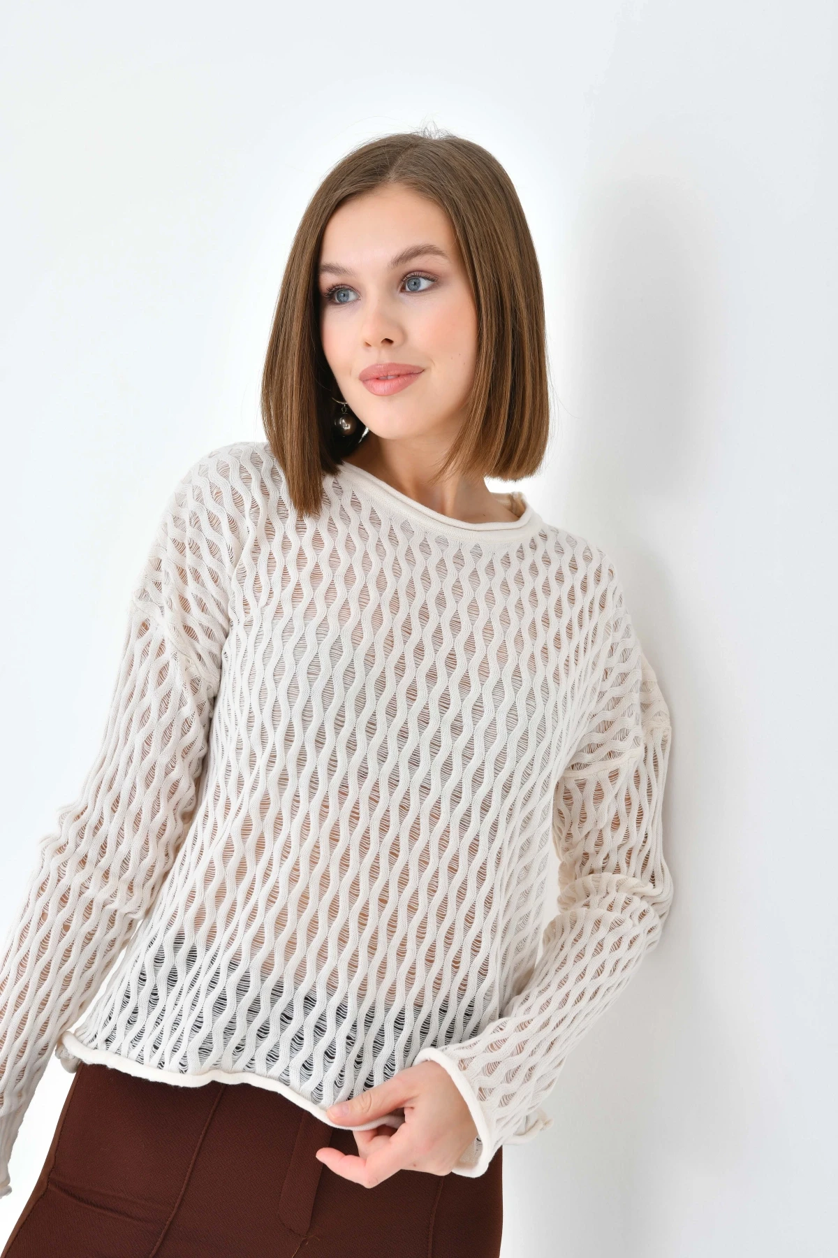 Kadın Bisiklet Yaka Örgü Detay Triko Kazak