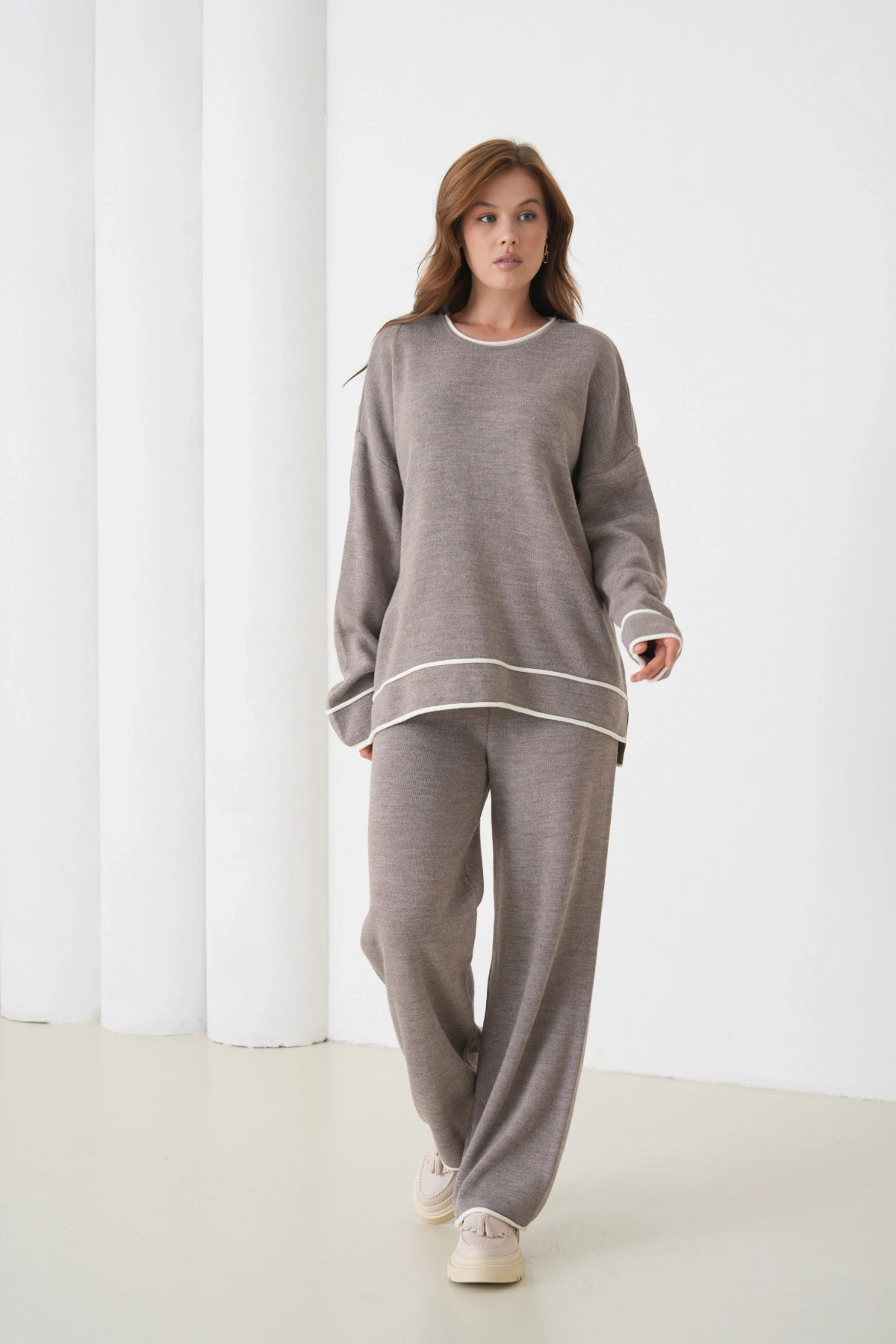 Kadın Bisiklet Yaka Oversize Kazak Pantolon Triko Alt-Üst Takım