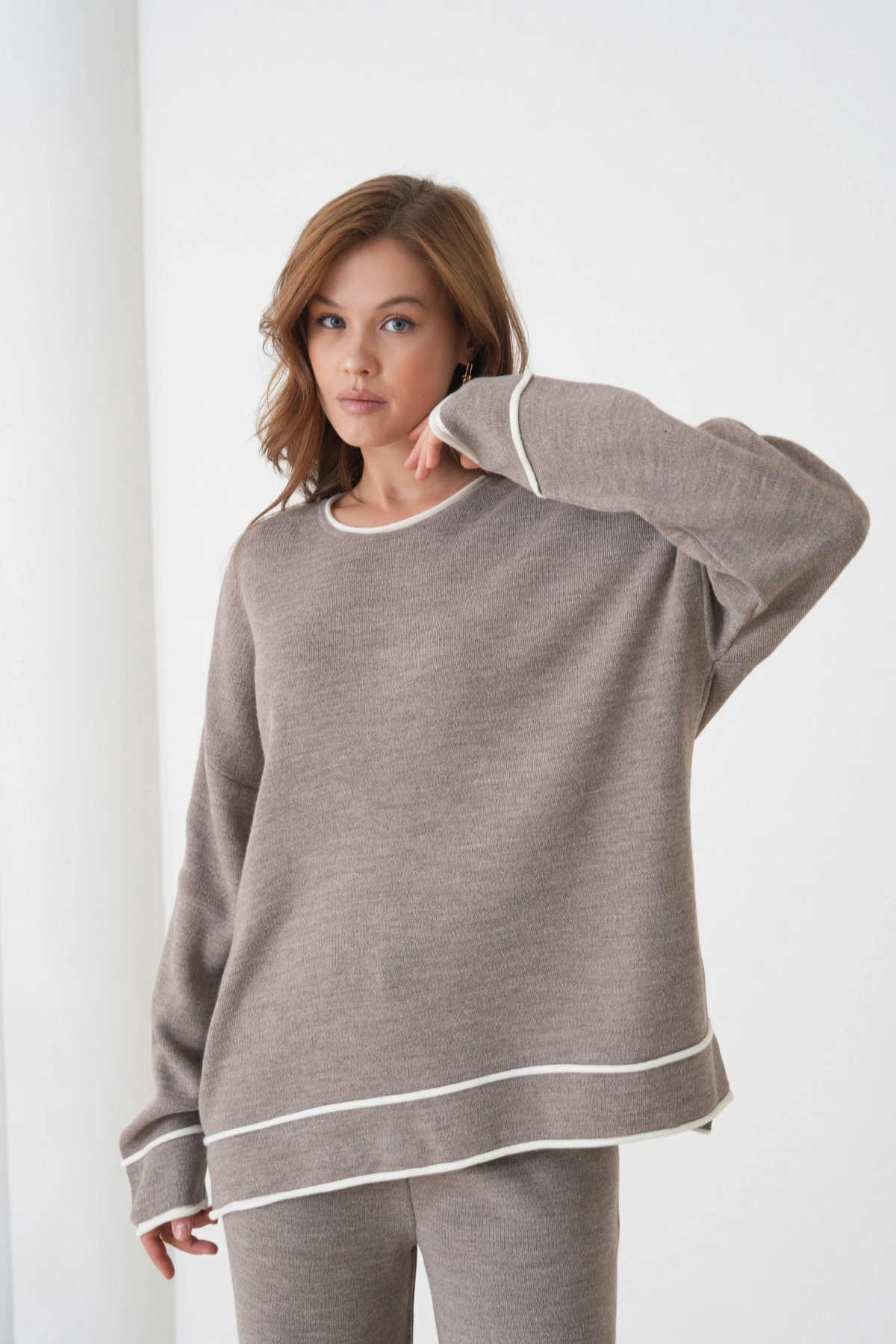 Kadın Bisiklet Yaka Oversize Kazak Pantolon Triko Alt-Üst Takım