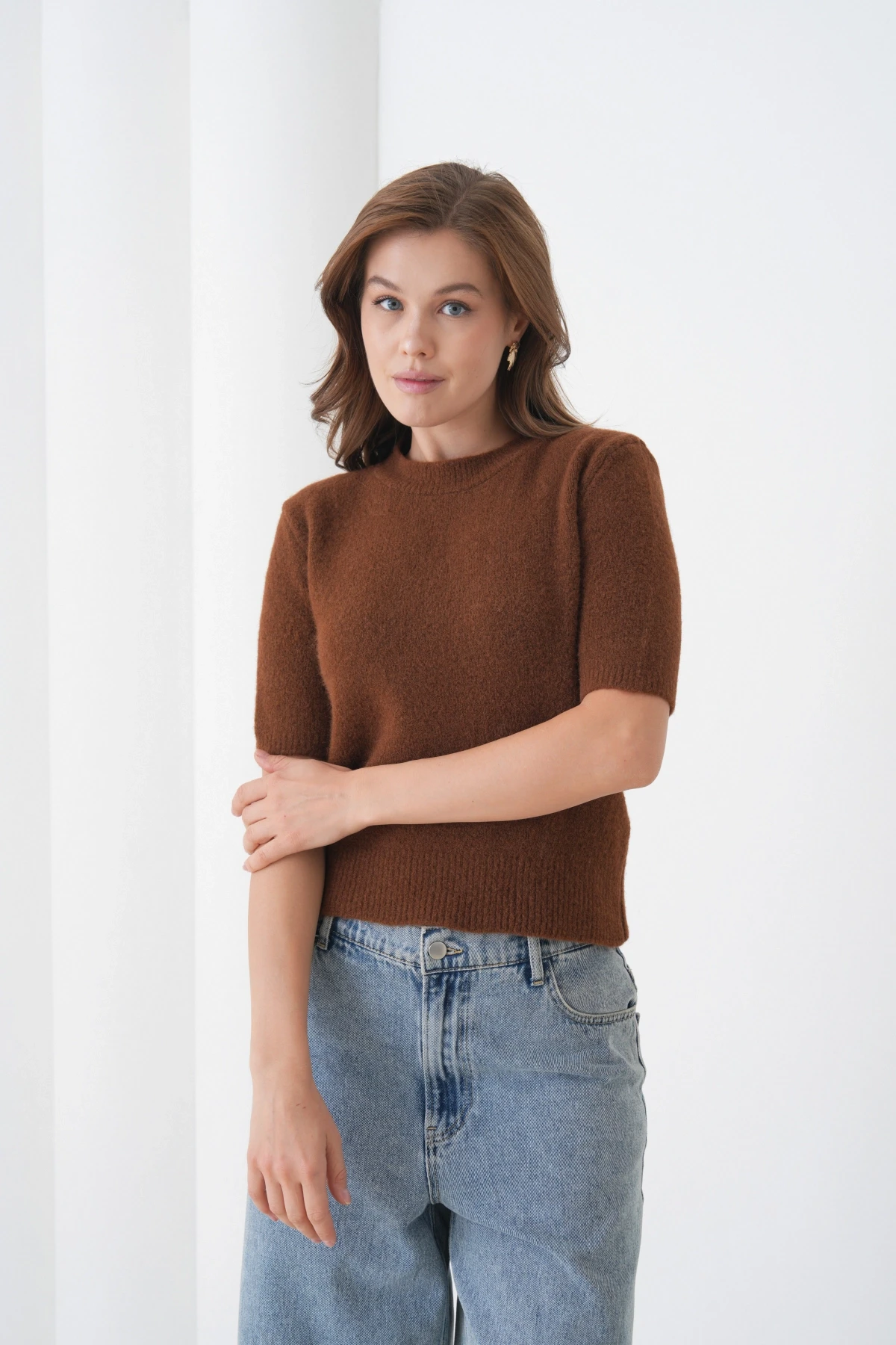 Kadın Bisiklet Yaka Şardonlu Kısa Kol Triko Kazak