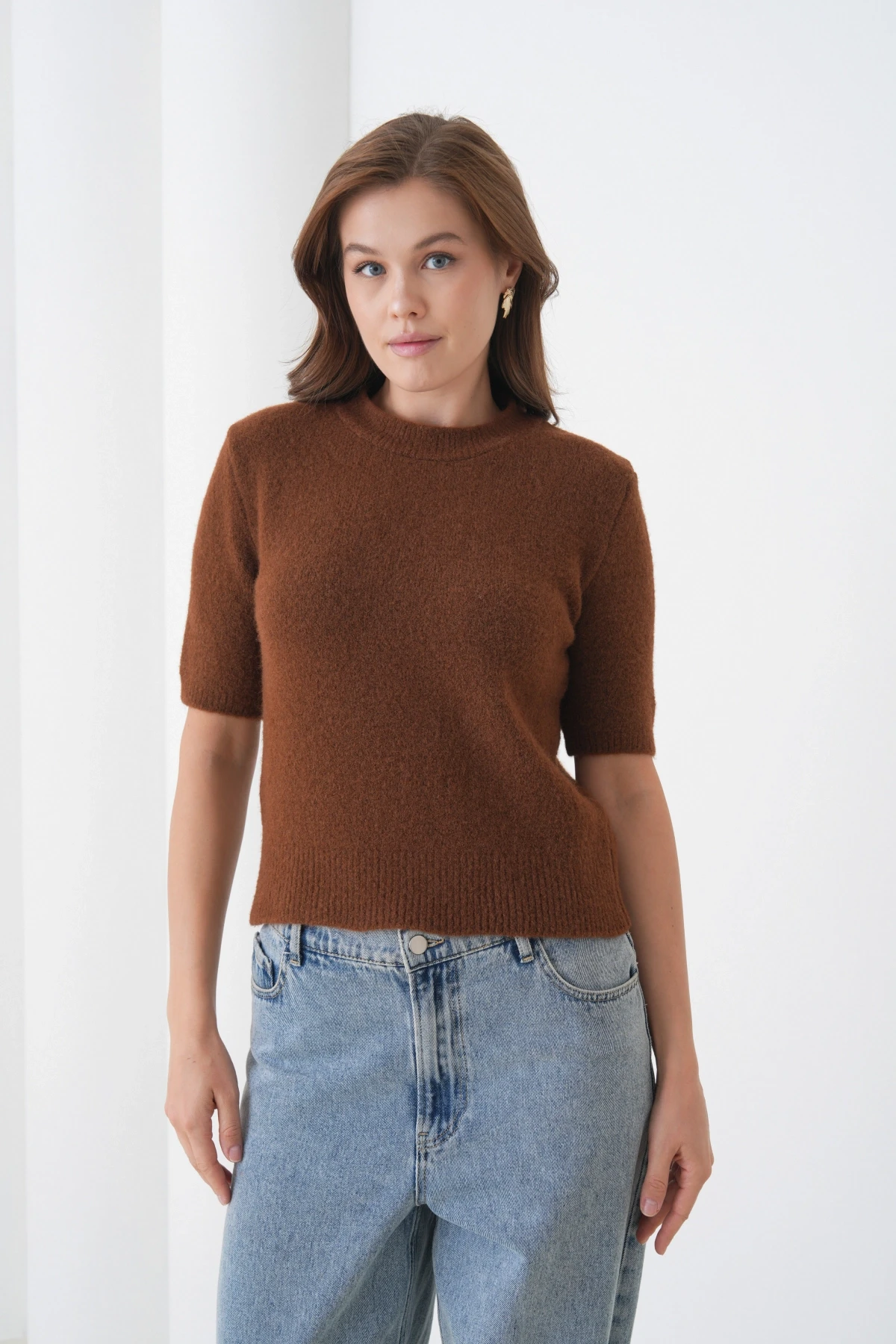 Kadın Bisiklet Yaka Şardonlu Kısa Kol Triko Kazak