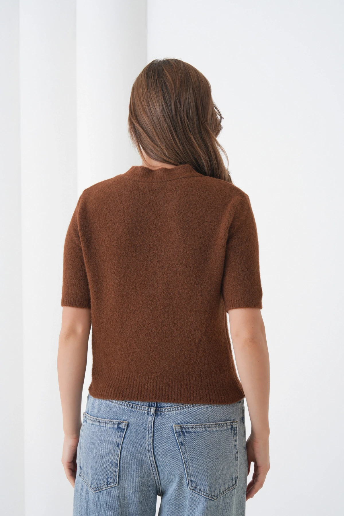 Kadın Bisiklet Yaka Şardonlu Kısa Kol Triko Kazak