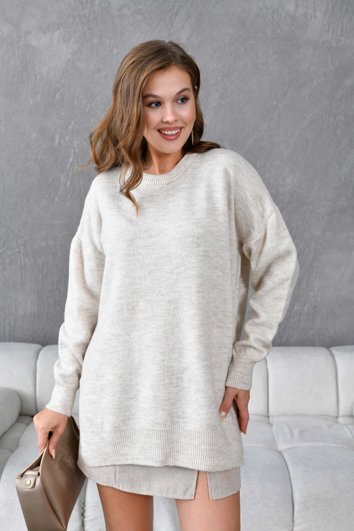 Kadın Bisiklet Yaka Yırtmaçlı Oversize Triko Kazak