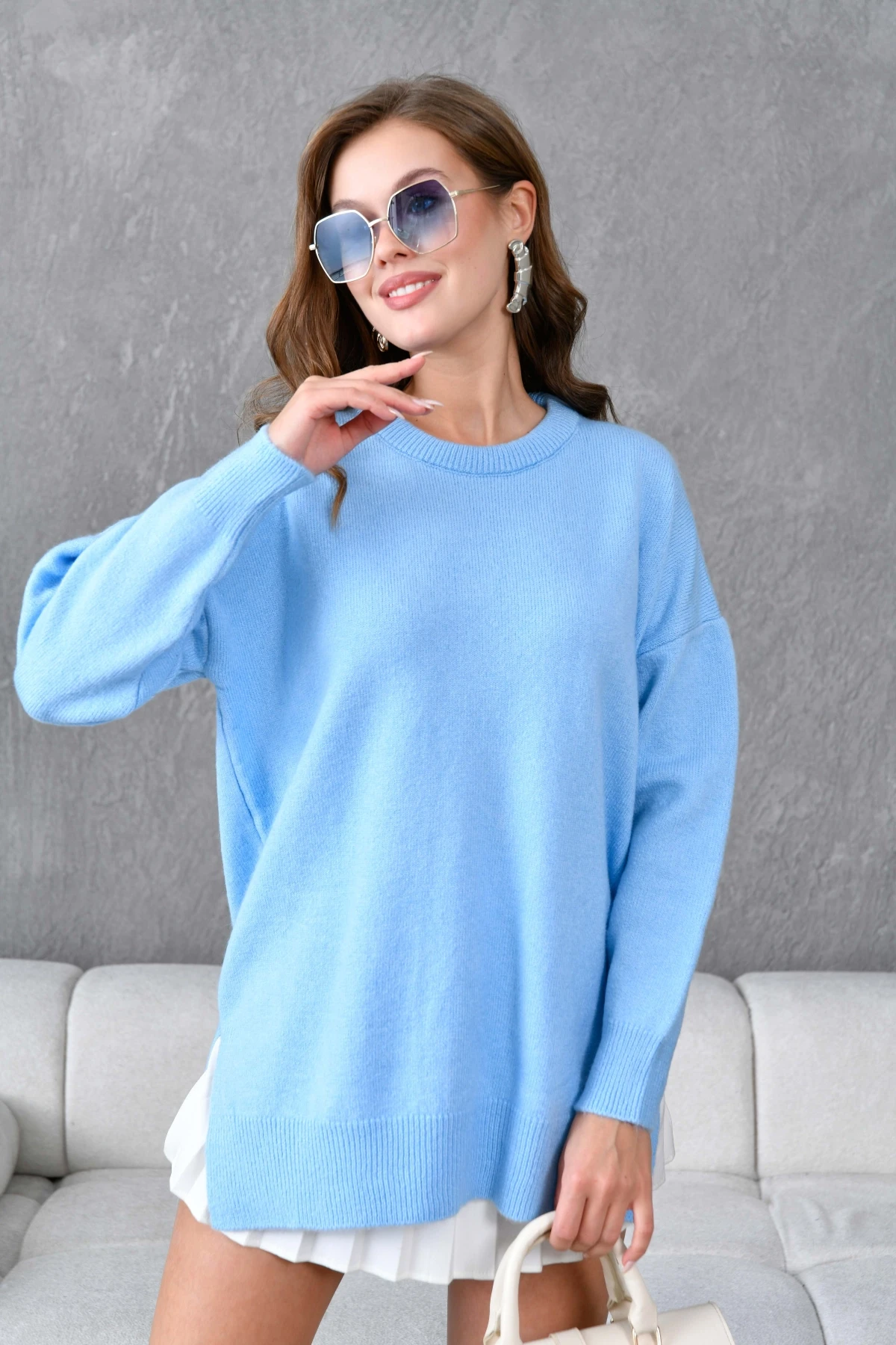 Kadın Bisiklet Yaka Yırtmaçlı Oversize Triko Kazak