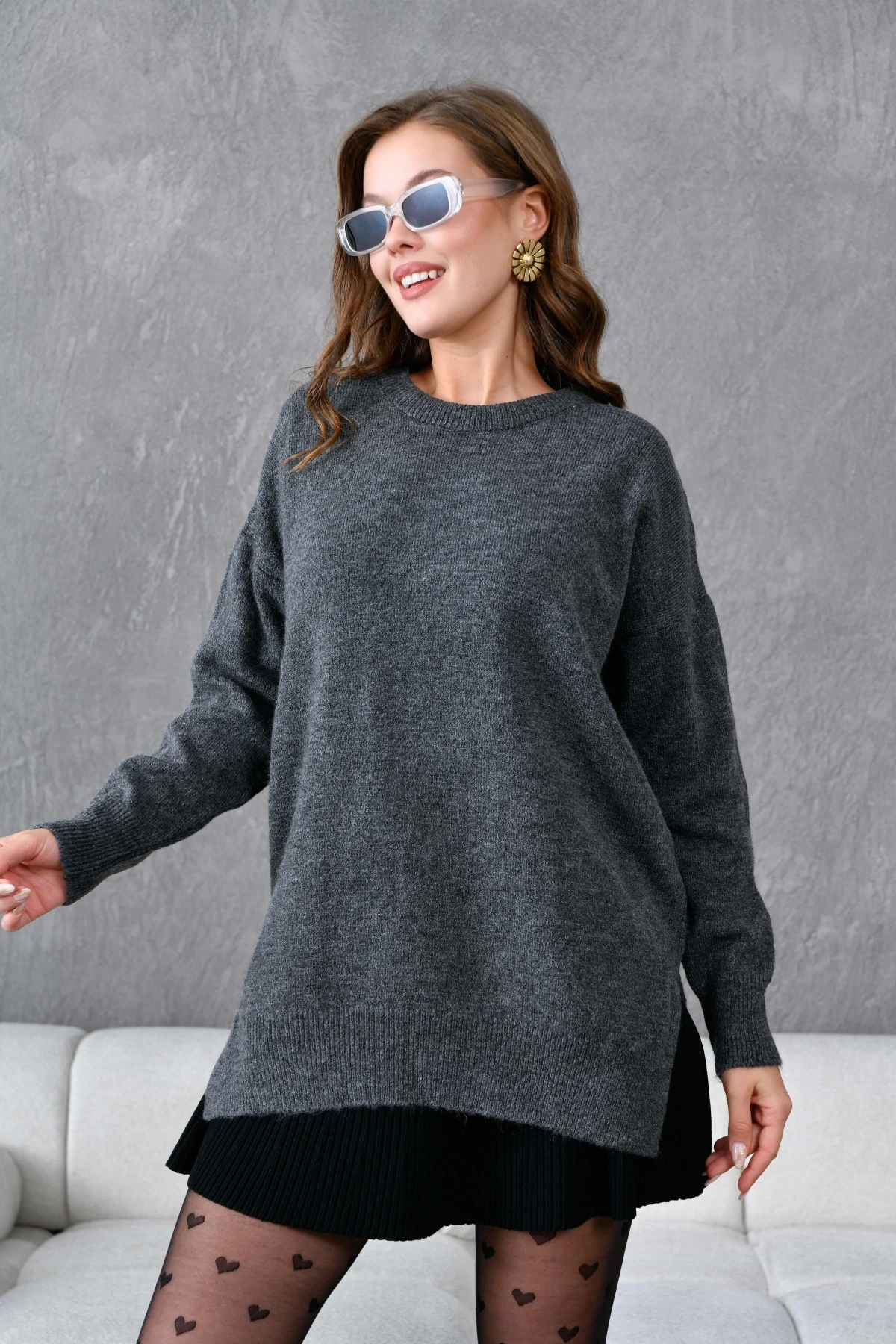 Kadın Bisiklet Yaka Yırtmaçlı Oversize Triko Kazak