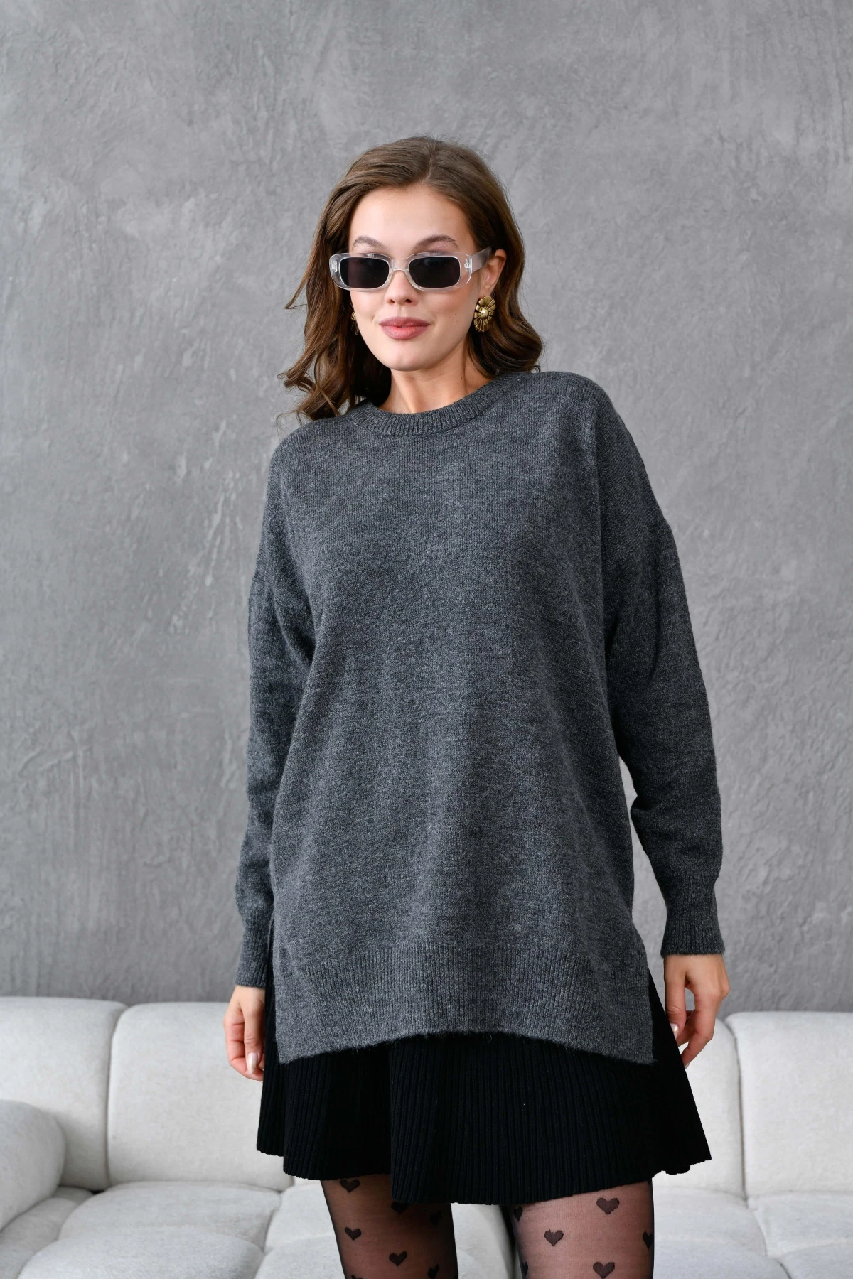 Kadın Bisiklet Yaka Yırtmaçlı Oversize Triko Kazak