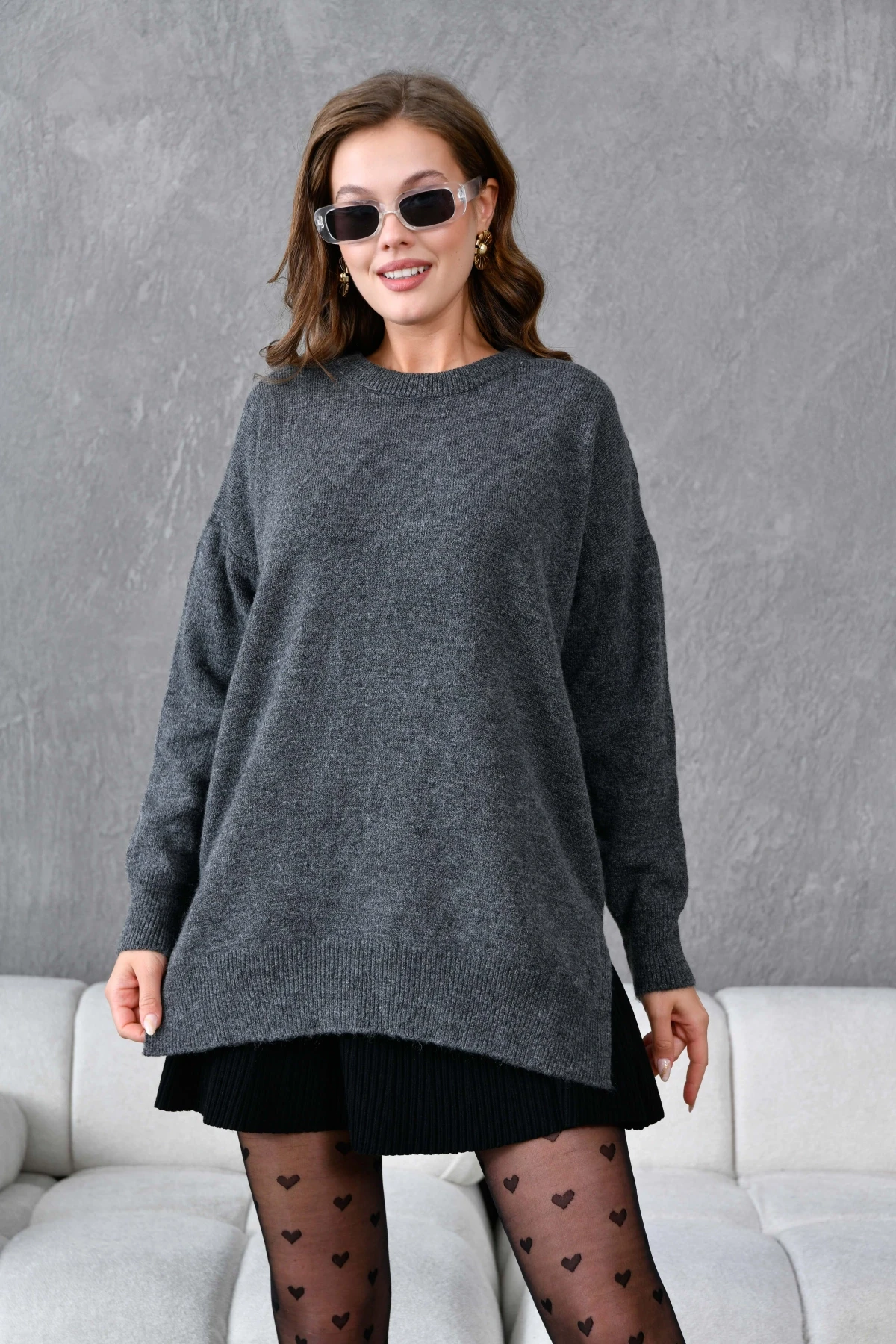 Kadın Bisiklet Yaka Yırtmaçlı Oversize Triko Kazak