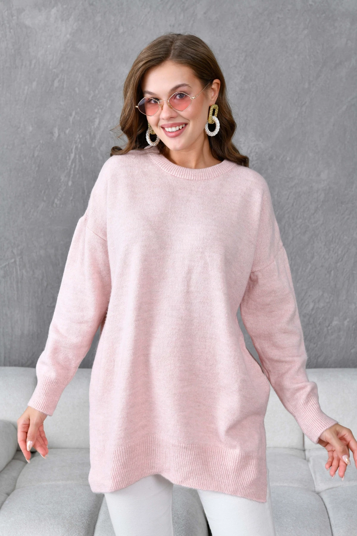 Kadın Bisiklet Yaka Yırtmaçlı Oversize Triko Kazak