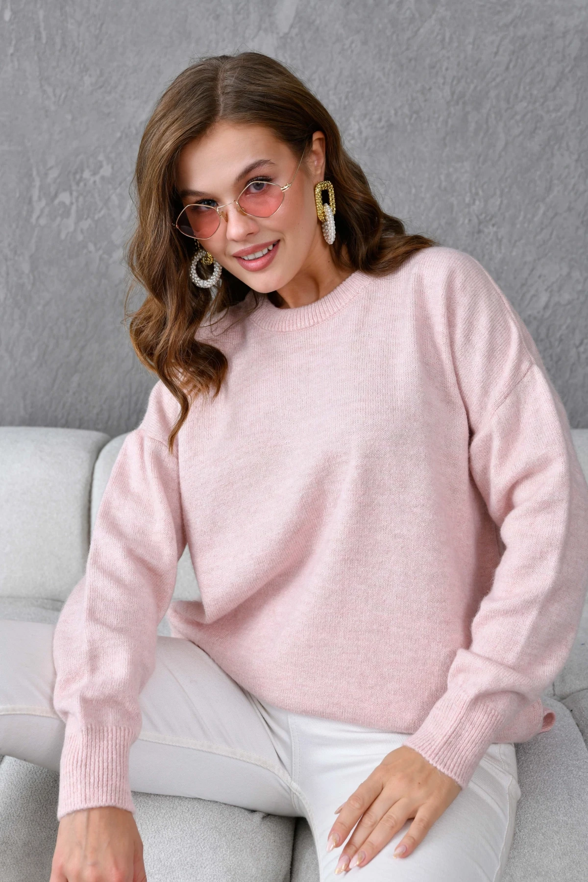 Kadın Bisiklet Yaka Yırtmaçlı Oversize Triko Kazak