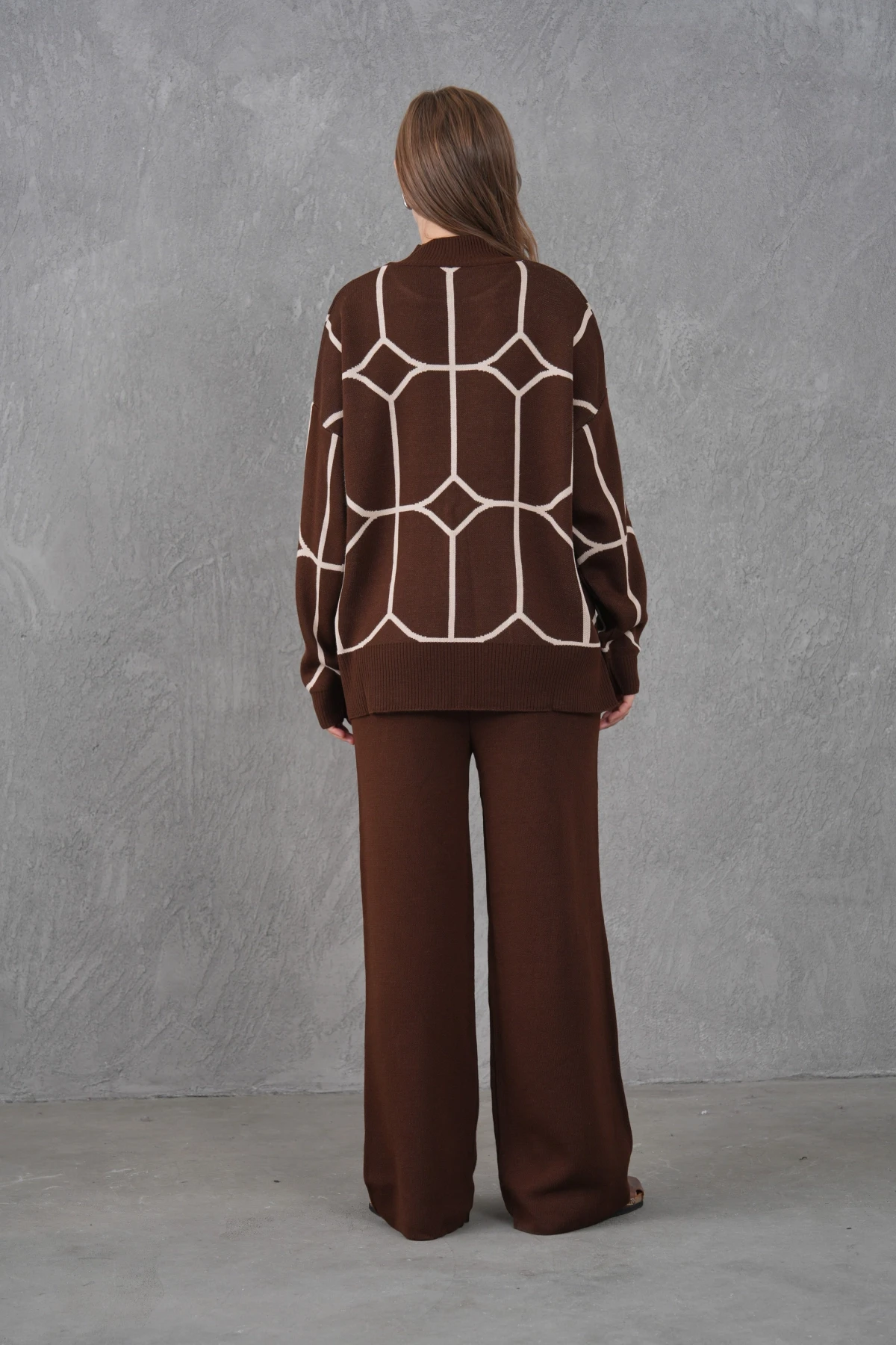 Kadın Dik Yaka Desenli Oversize Kazak Pantolon Triko Alt-Üst Takım