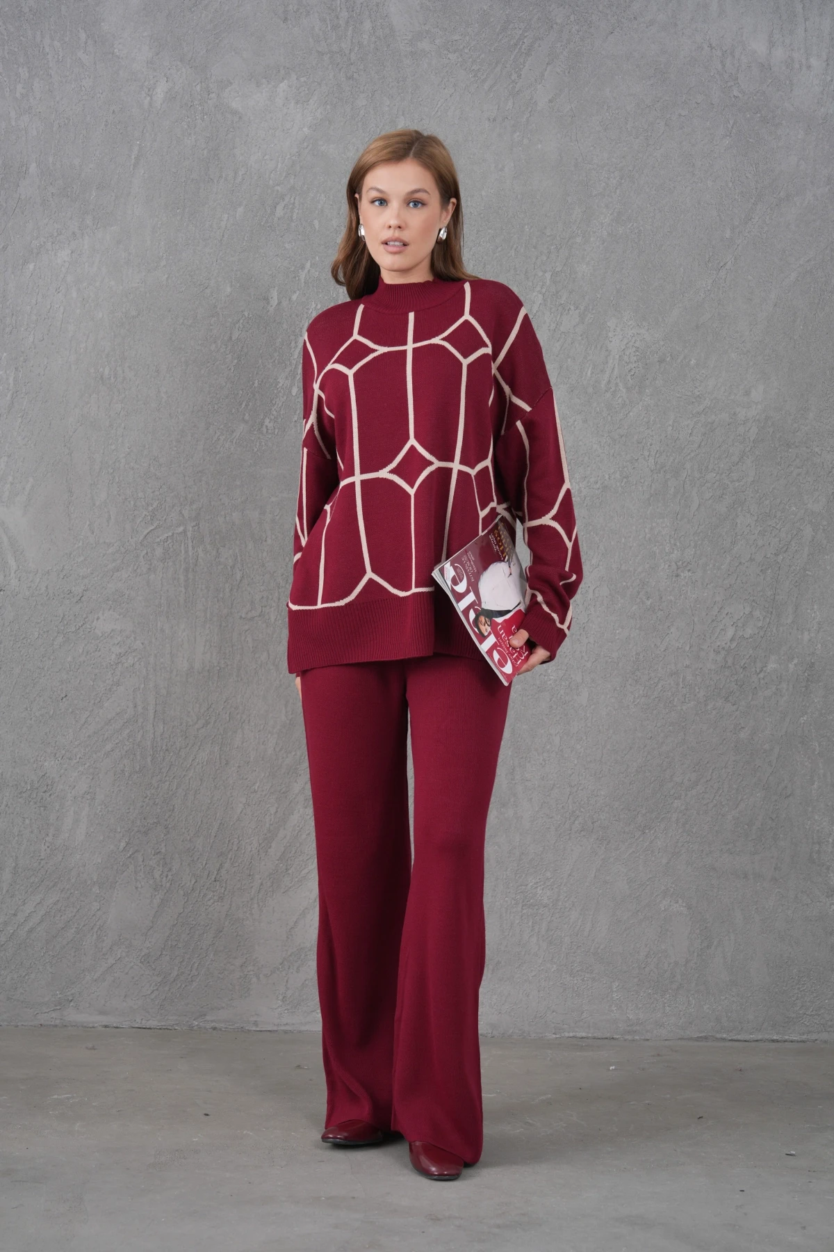 Kadın Dik Yaka Desenli Oversize Kazak Pantolon Triko Alt-Üst Takım