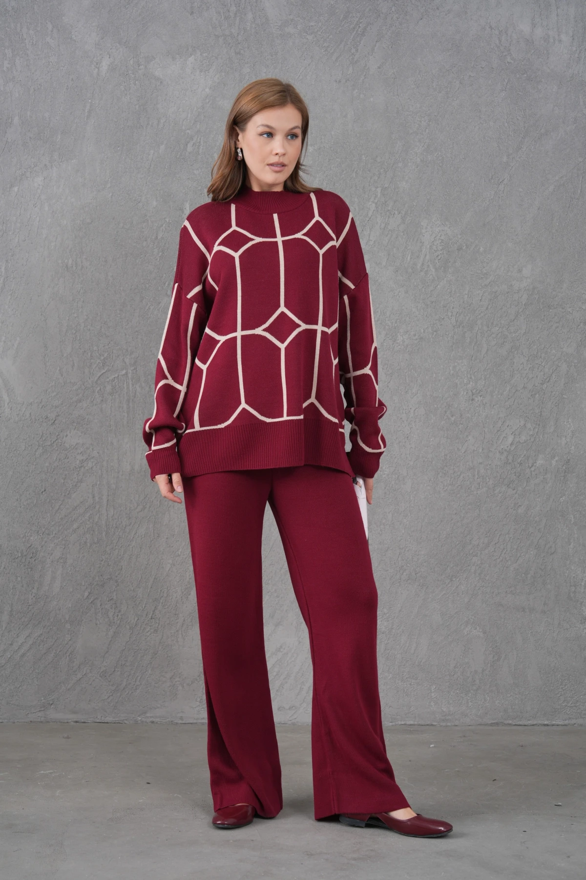 Kadın Dik Yaka Desenli Oversize Kazak Pantolon Triko Alt-Üst Takım
