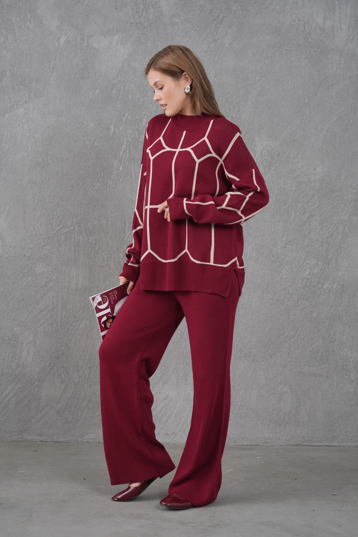 Kadın Dik Yaka Desenli Oversize Kazak Pantolon Triko Alt-Üst Takım