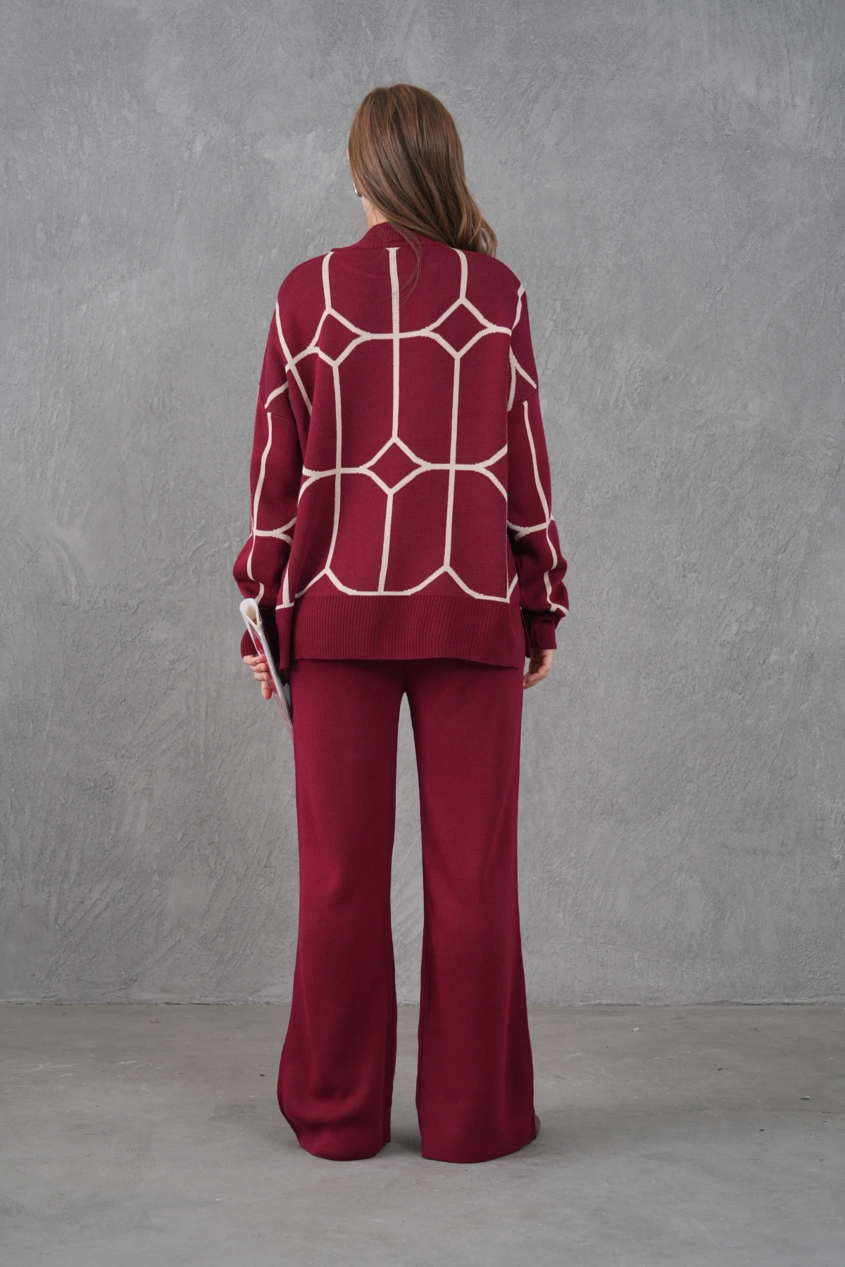 Kadın Dik Yaka Desenli Oversize Kazak Pantolon Triko Alt-Üst Takım