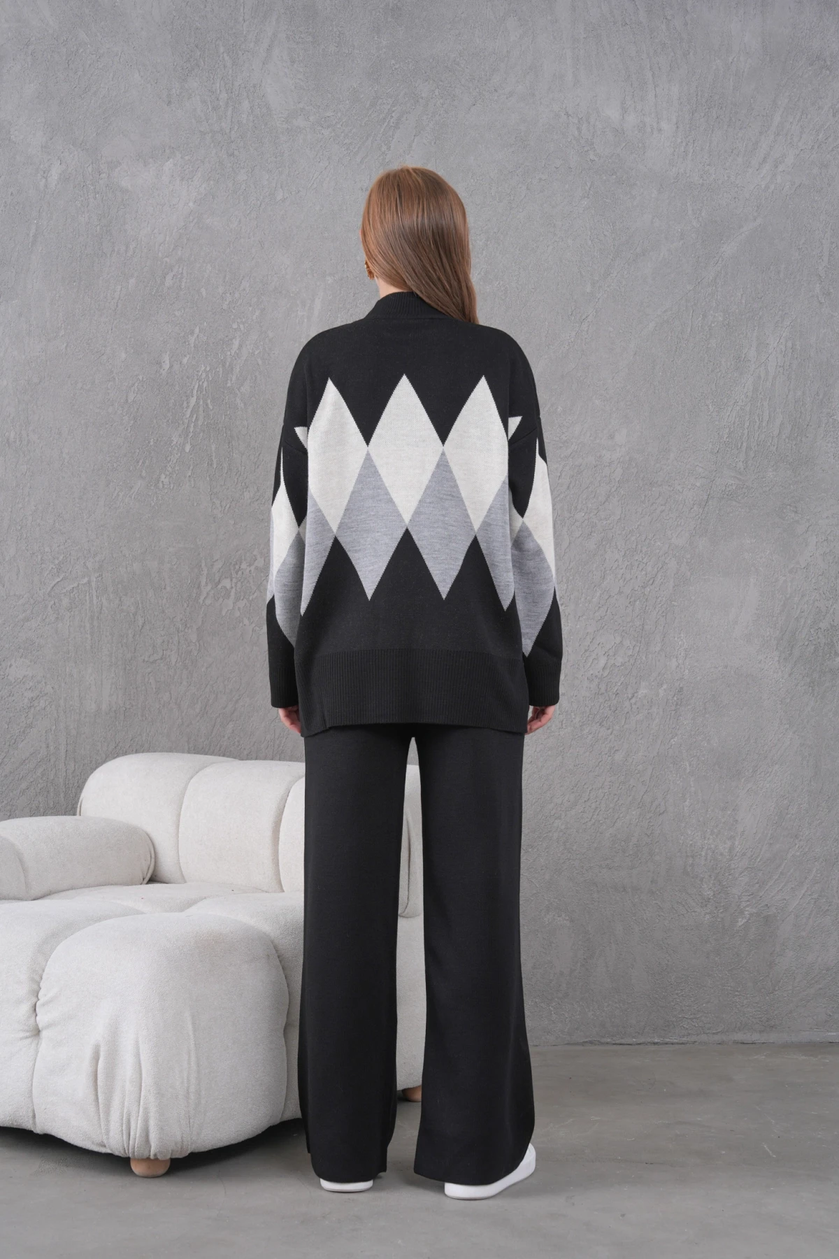 Kadın Dik Yaka Desenli Yırtmaçlı Kazak Pantolon İkil Triko Takım