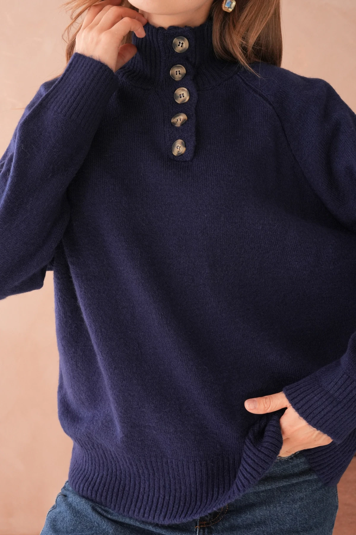 Kadın Dik Yaka Düğme Detay Oversize Triko Kazak