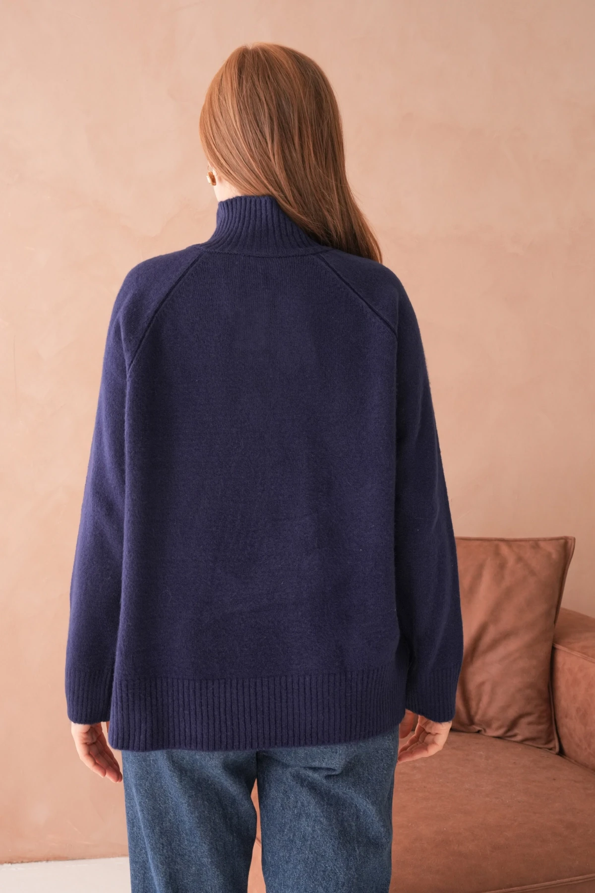 Kadın Dik Yaka Düğme Detay Oversize Triko Kazak