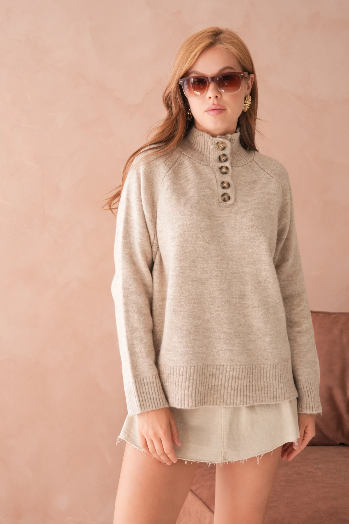 Kadın Dik Yaka Düğme Detay Oversize Triko Kazak
