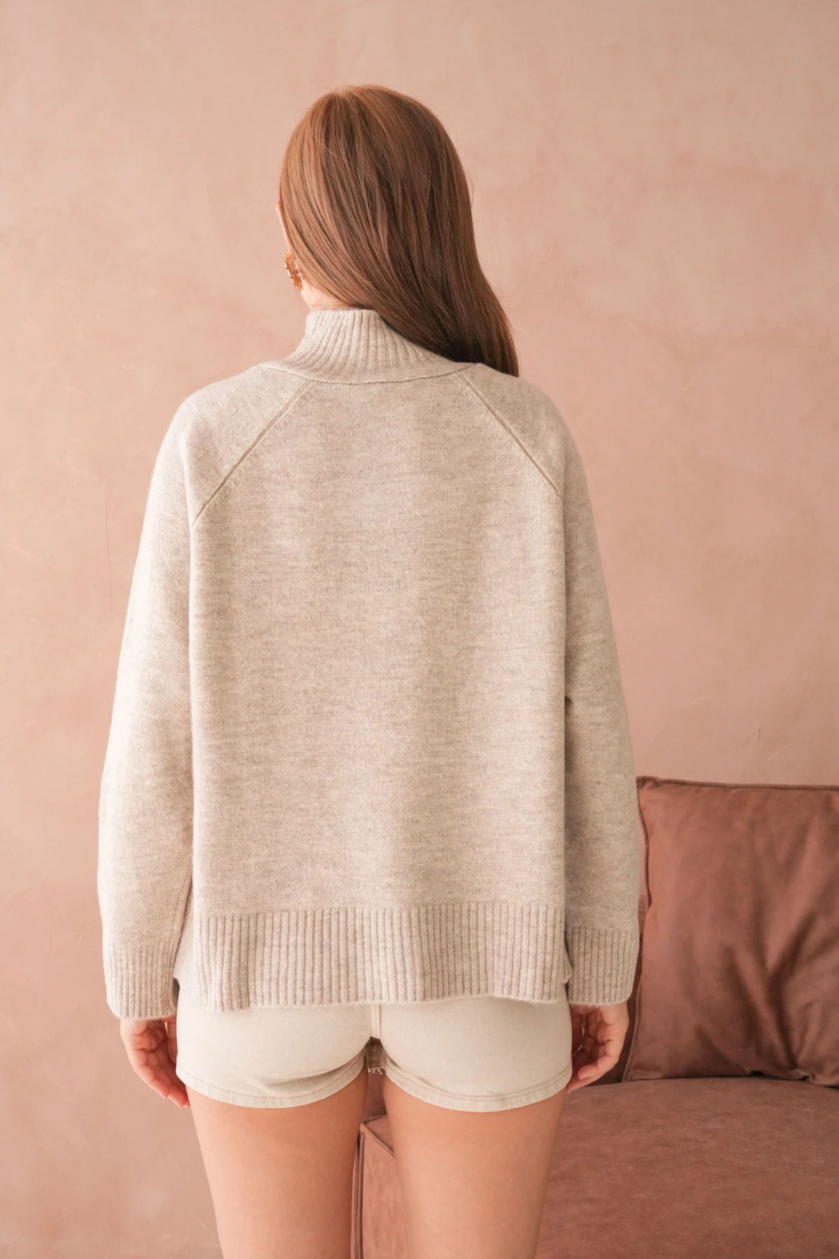 Kadın Dik Yaka Düğme Detay Oversize Triko Kazak