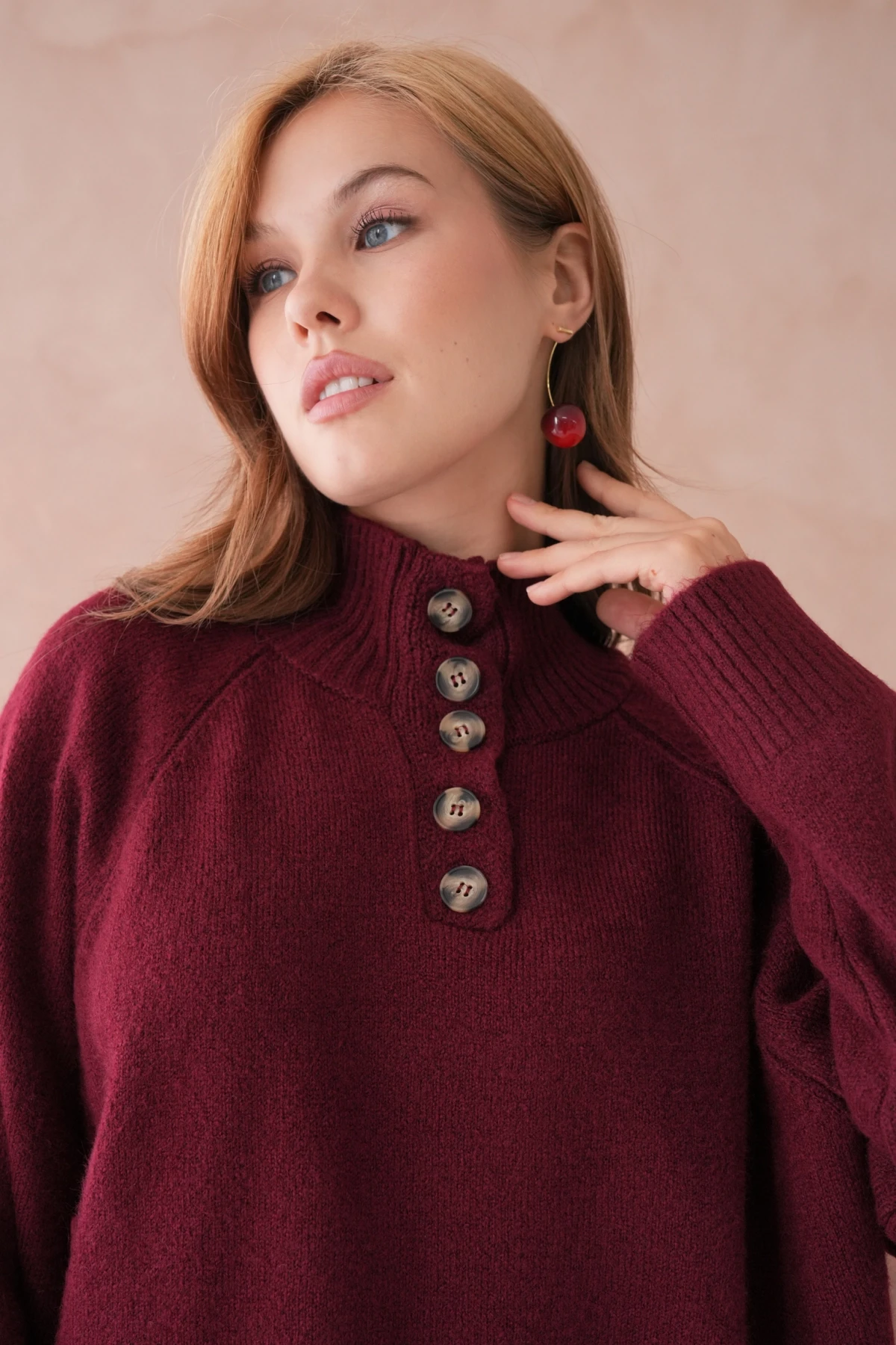 Kadın Dik Yaka Düğme Detay Oversize Triko Kazak