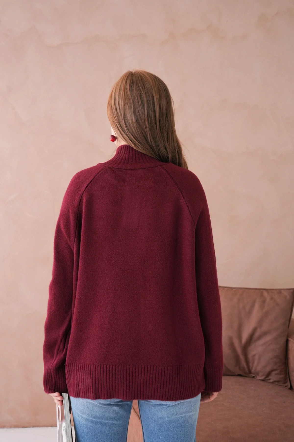 Kadın Dik Yaka Düğme Detay Oversize Triko Kazak