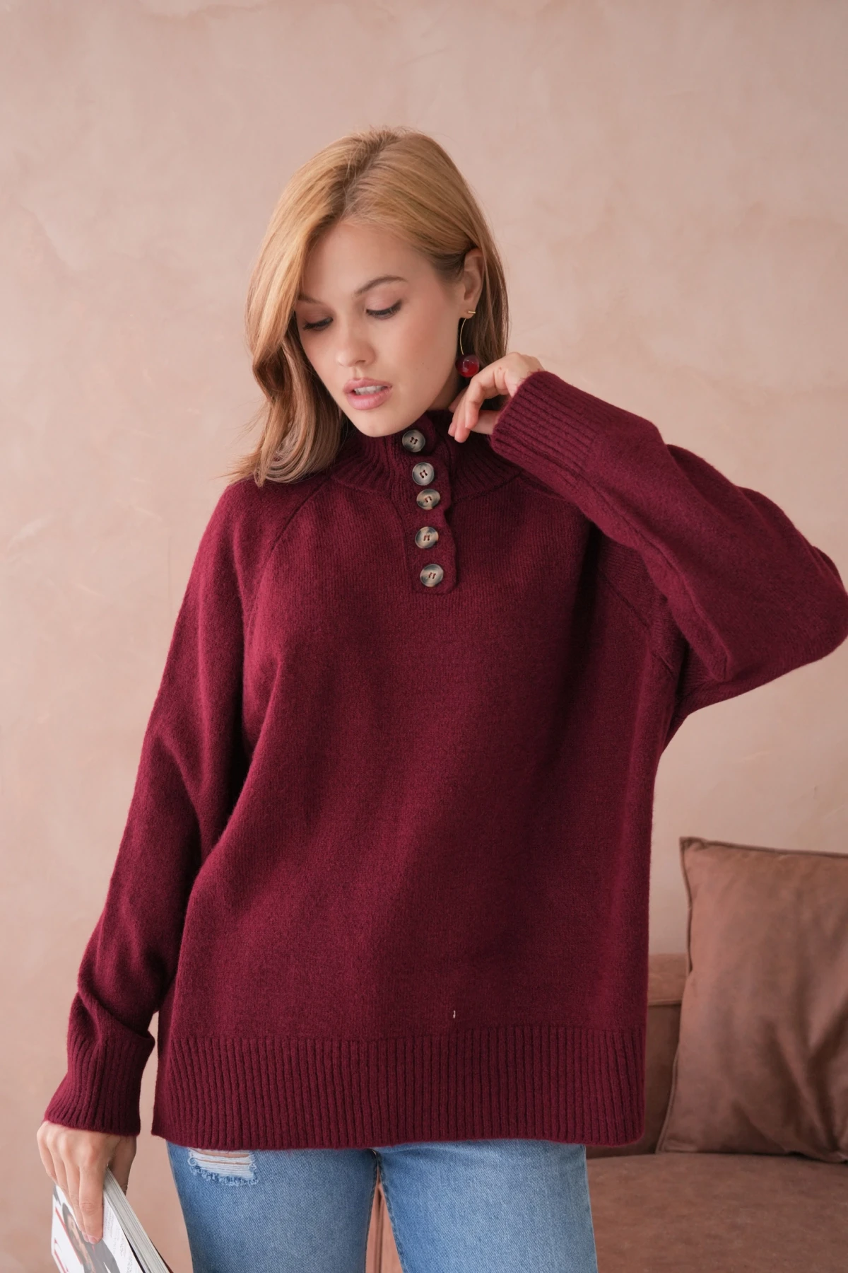 Kadın Dik Yaka Düğme Detay Oversize Triko Kazak