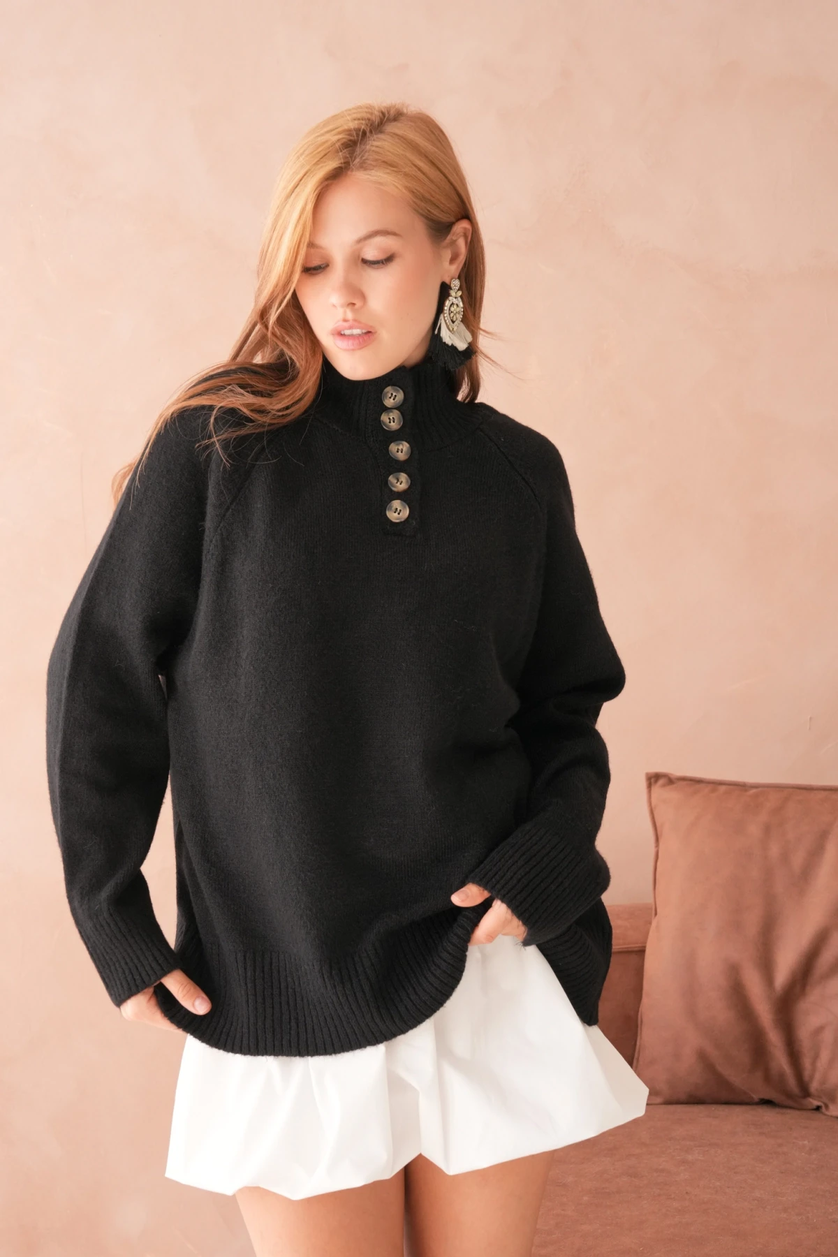 Kadın Dik Yaka Düğme Detay Oversize Triko Kazak