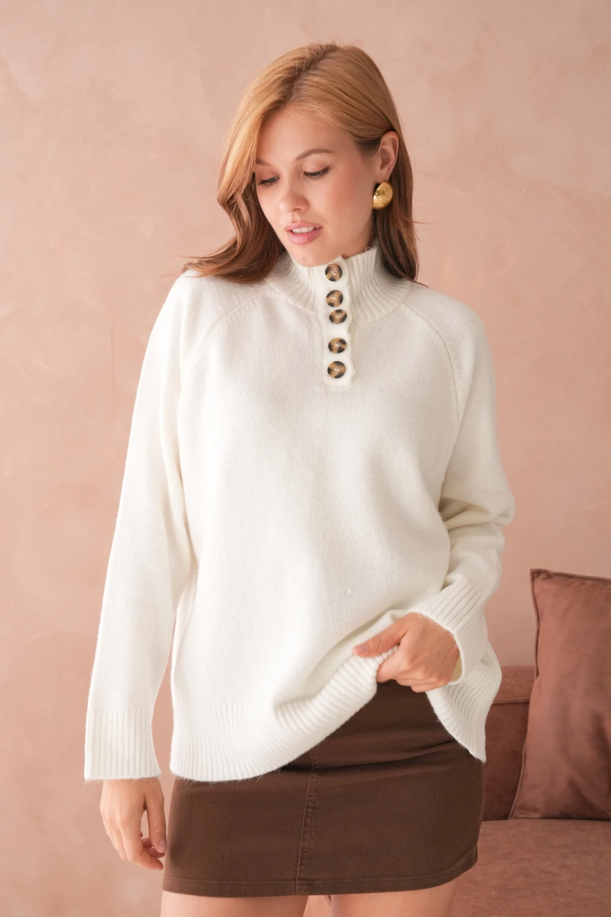 Kadın Dik Yaka Düğme Detay Oversize Triko Kazak