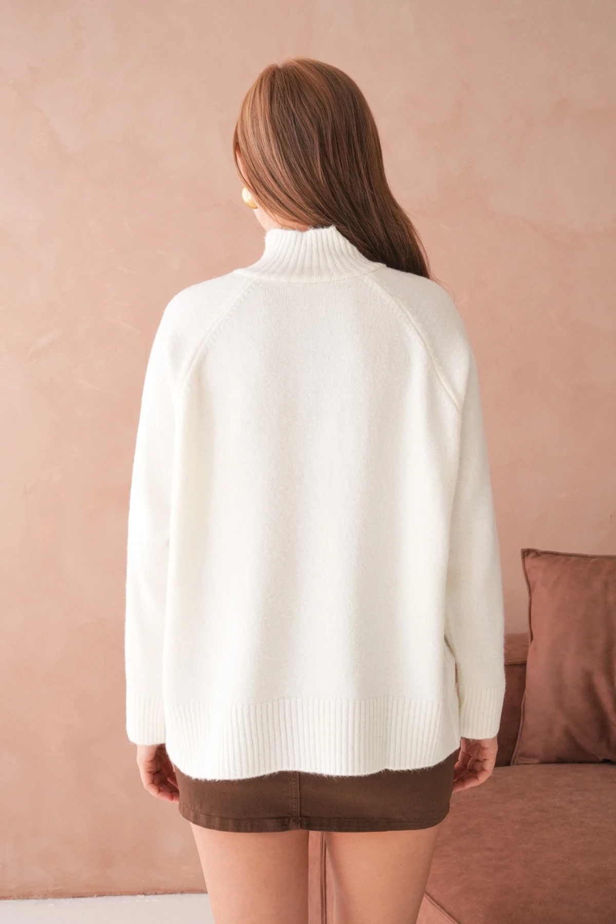 Kadın Dik Yaka Düğme Detay Oversize Triko Kazak