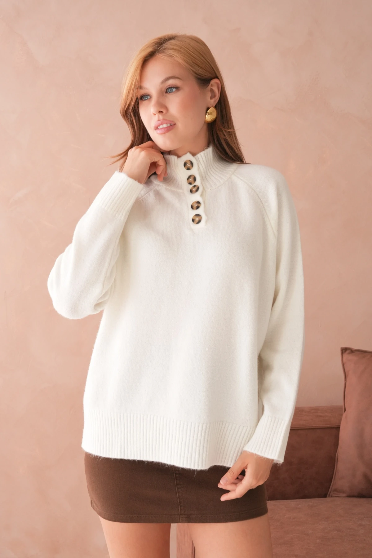 Kadın Dik Yaka Düğme Detay Oversize Triko Kazak