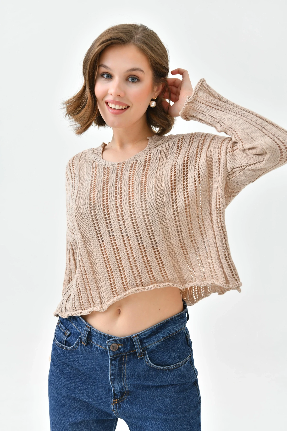 Kadın Dik Yaka Örgü Detaylı Crop Triko Kazak