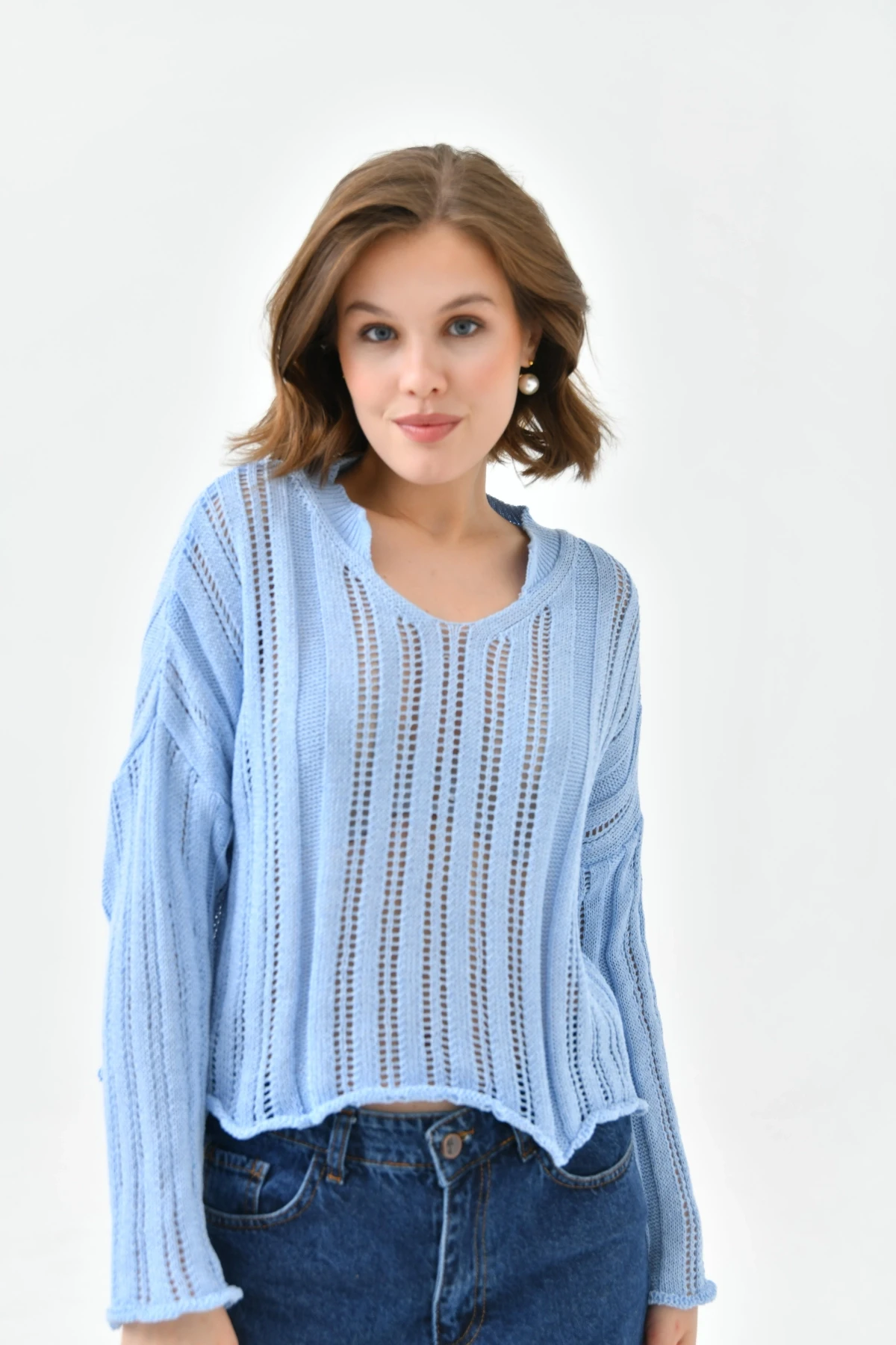 Kadın Dik Yaka Örgü Detaylı Crop Triko Kazak