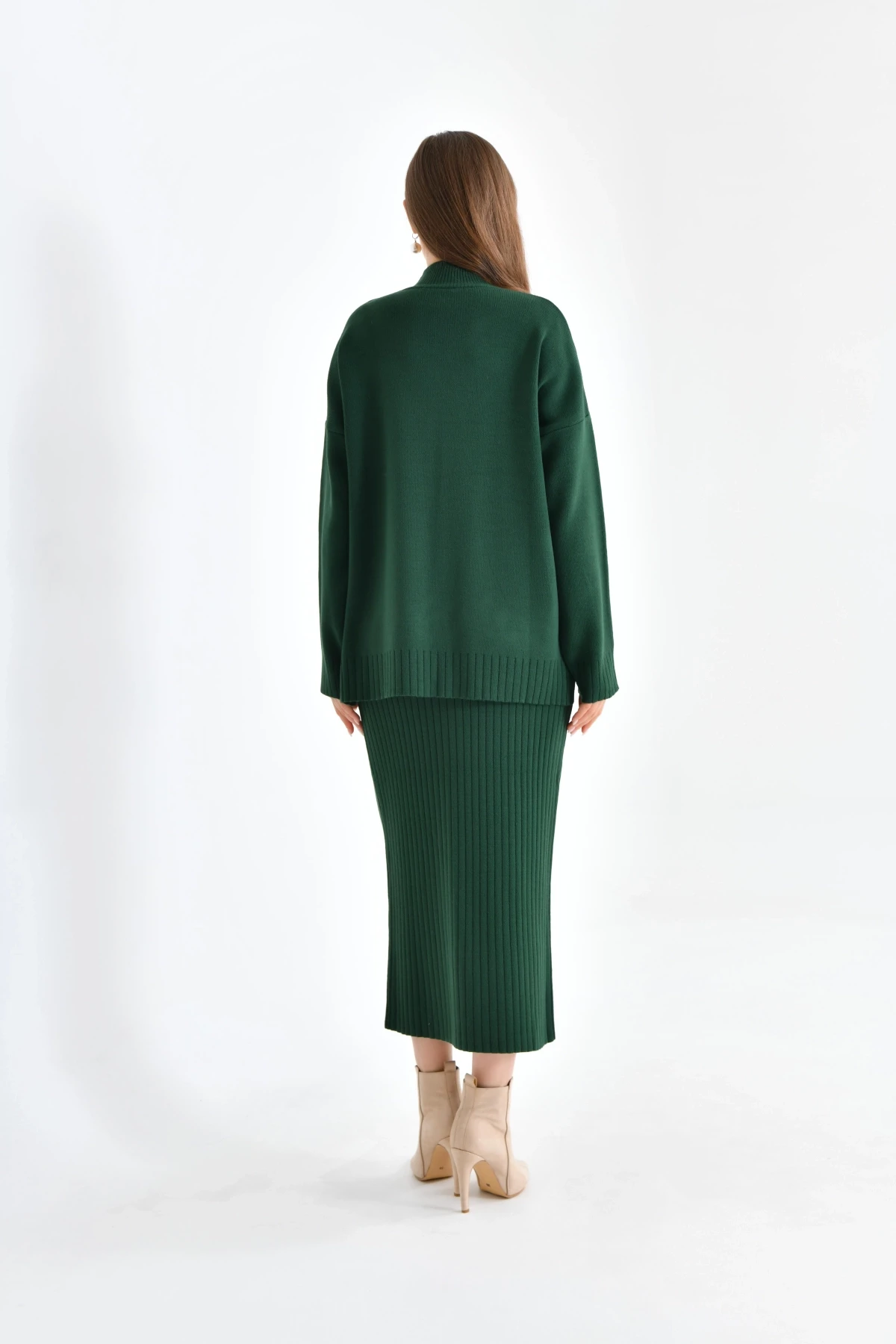 Kadın Dik Yaka Salaş Kazak Uzun Etekli İkili Triko Takım