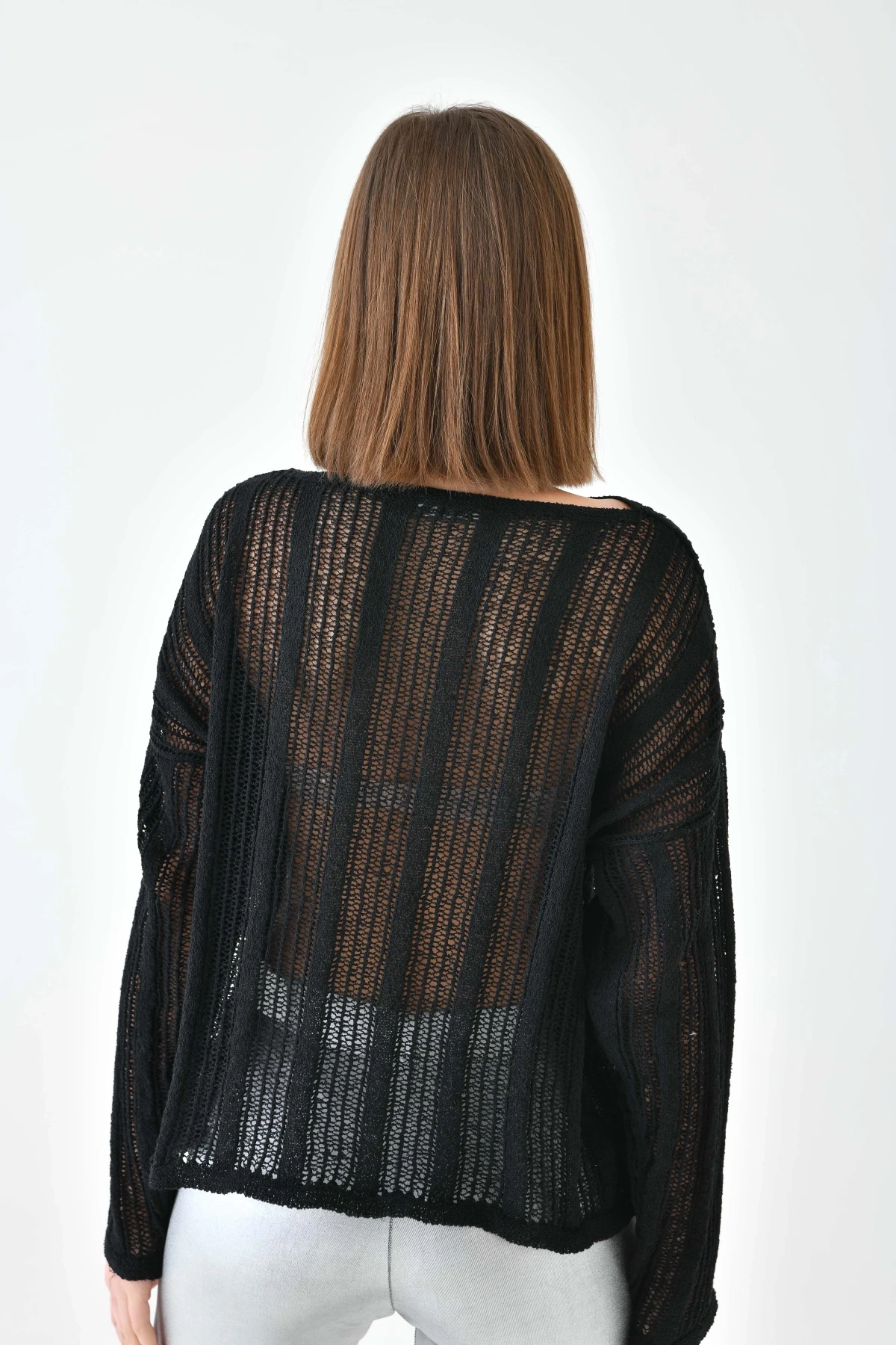 Kadın Kayık Yaka Örgü Detay Oversize Triko Kazak