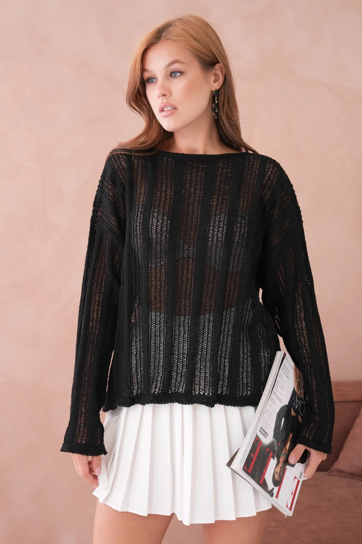 Kadın Kayık Yaka Örgü Detay Oversize Triko Kazak